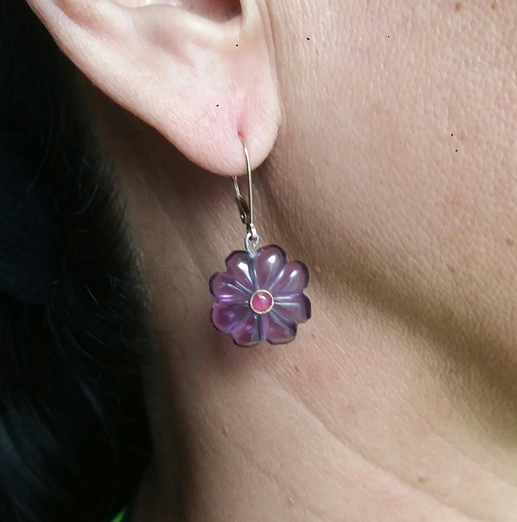 Natural Amethyst Round Carved Buttons Ruby Cabs 14k Yellow Gold Dangle Earrings For Sale 2