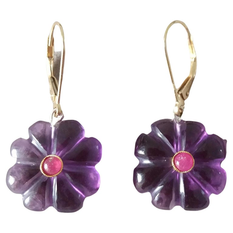Natural Amethyst Round Carved Buttons Ruby Cabs 14k Yellow Gold Dangle ...