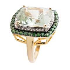 Cushion-Cut Amethyst 14k Gold Ring with Tsavorite & Diamond Halo