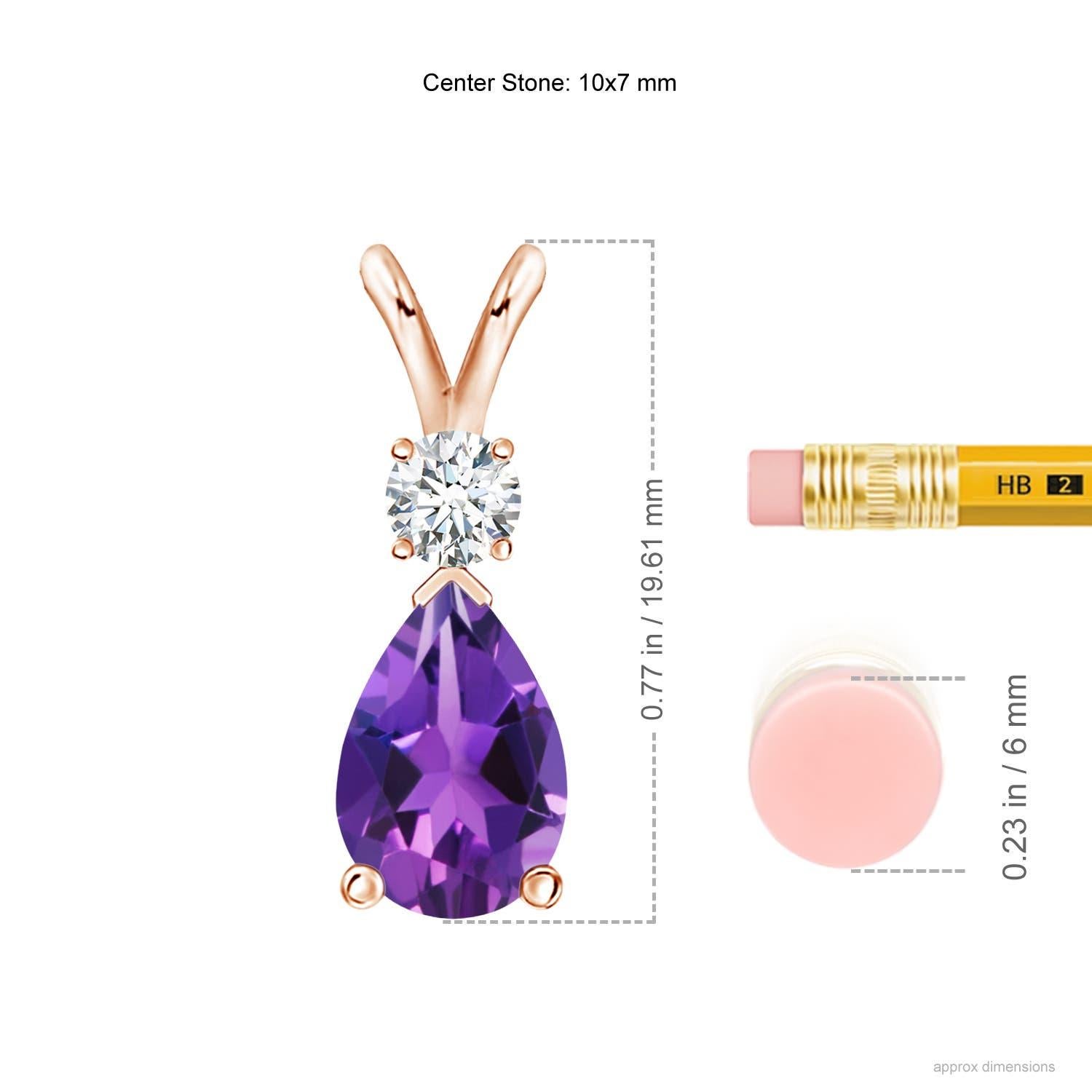 A pear-shaped deep purple amethyst is secured in a prong setting and embellished with a diamond accent on the top. Simple yet stunning, this teardrop amethyst pendant with V bale is sculpted in 14k rose gold.
Amethyst is the Birthstone for February