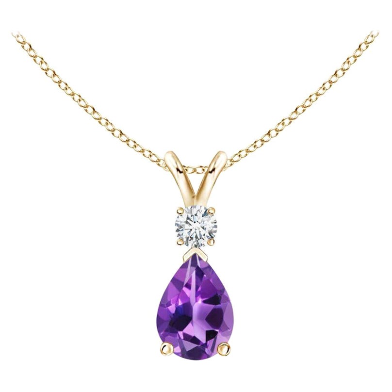 Ciondolo a goccia di ametista naturale con diamante in oro giallo 14K (7x5 mm)