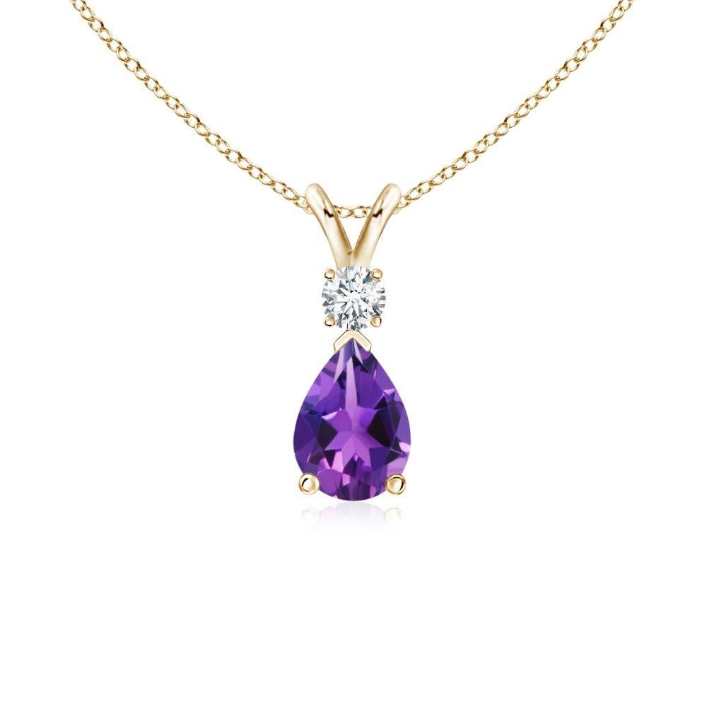 ANGARA Natural 0.60ct Amethyst Teardrop Pendant with Diamond in 14K Yellow Gold For Sale