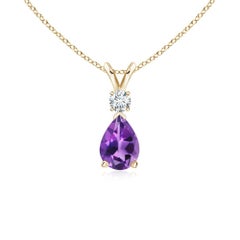 Natural Amethyst Teardrop Pendant with Diamond in 14K Yellow Gold (7x5mm)