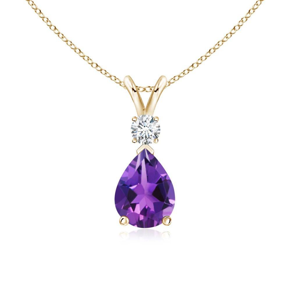 ANGARA Natural 1ct Amethyst Teardrop Pendant with Diamond in 14K Yellow Gold For Sale