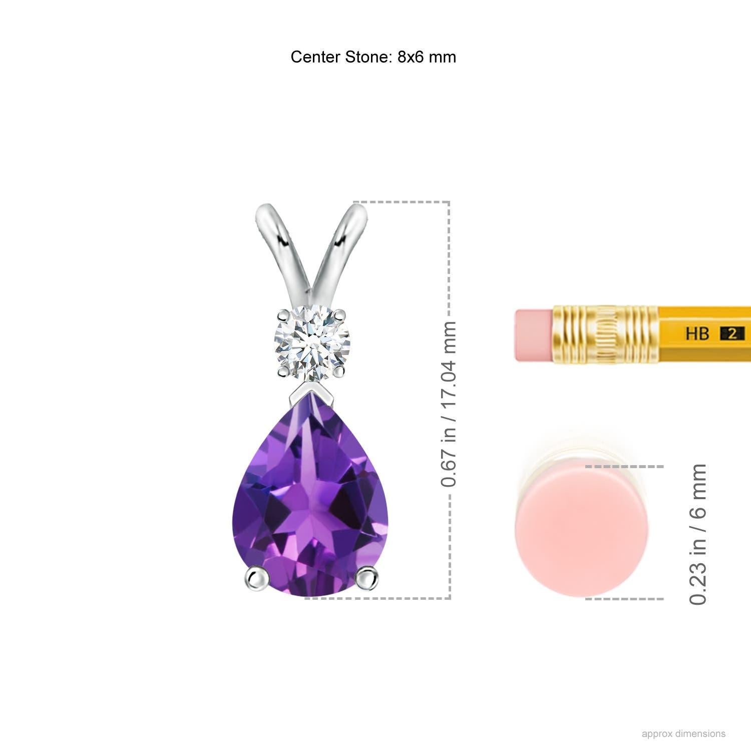 A pear-shaped deep purple amethyst is secured in a prong setting and embellished with a diamond accent on the top. Simple yet stunning, this teardrop amethyst pendant with V bale is sculpted in platinum.
Amethyst is the Birthstone for February and