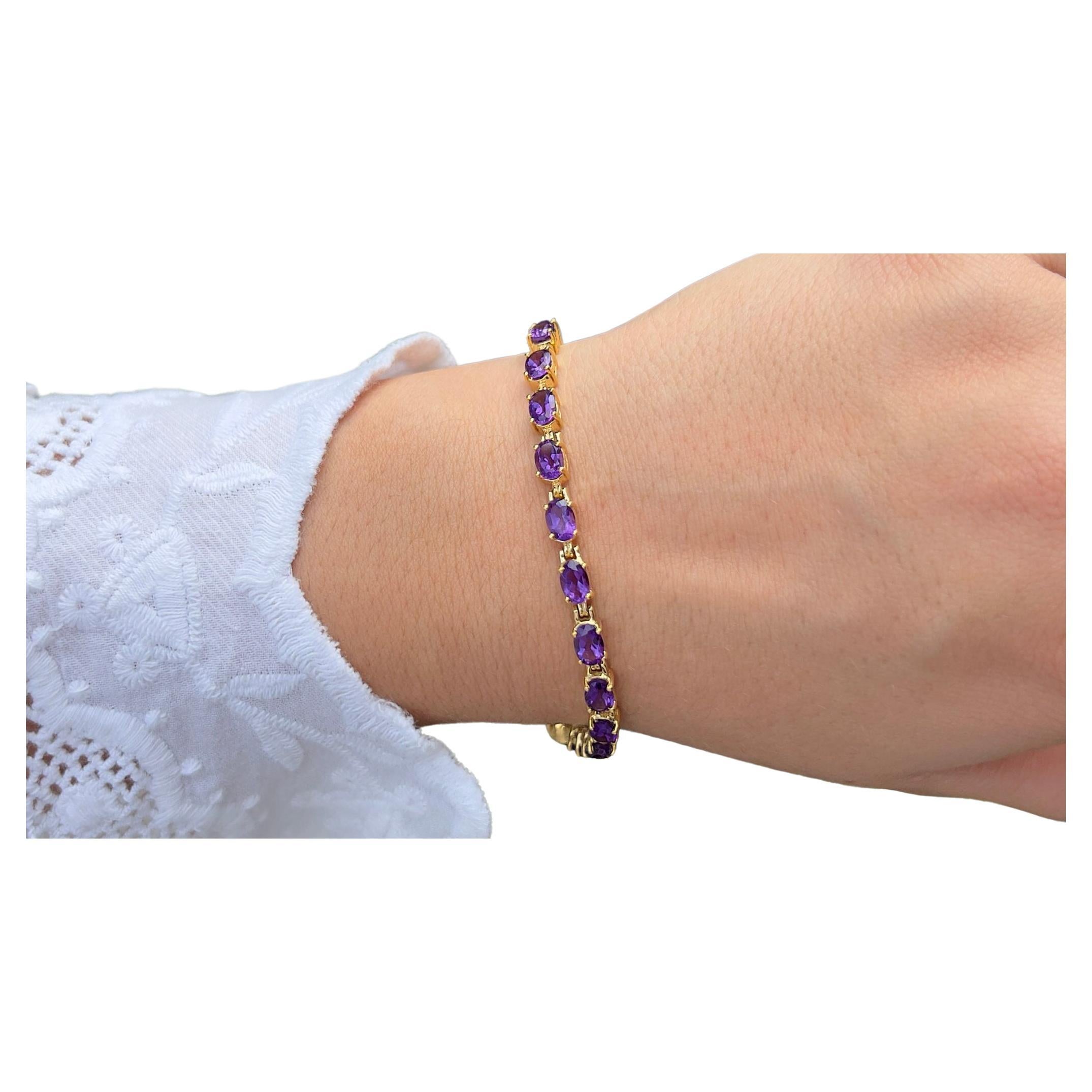 Natural Amethyst Tennis Bracelet 8.40 Carats 18K Yellow Gold Plated Silver For Sale