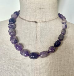 Natural Amethyst Tumbled Bead Choker Necklace - Knotted Cord - 27 cm, 130 g