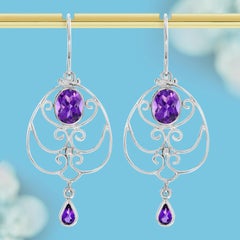 Natural Amethyst Victorian Style Dangle Earrings in 9K White Gold