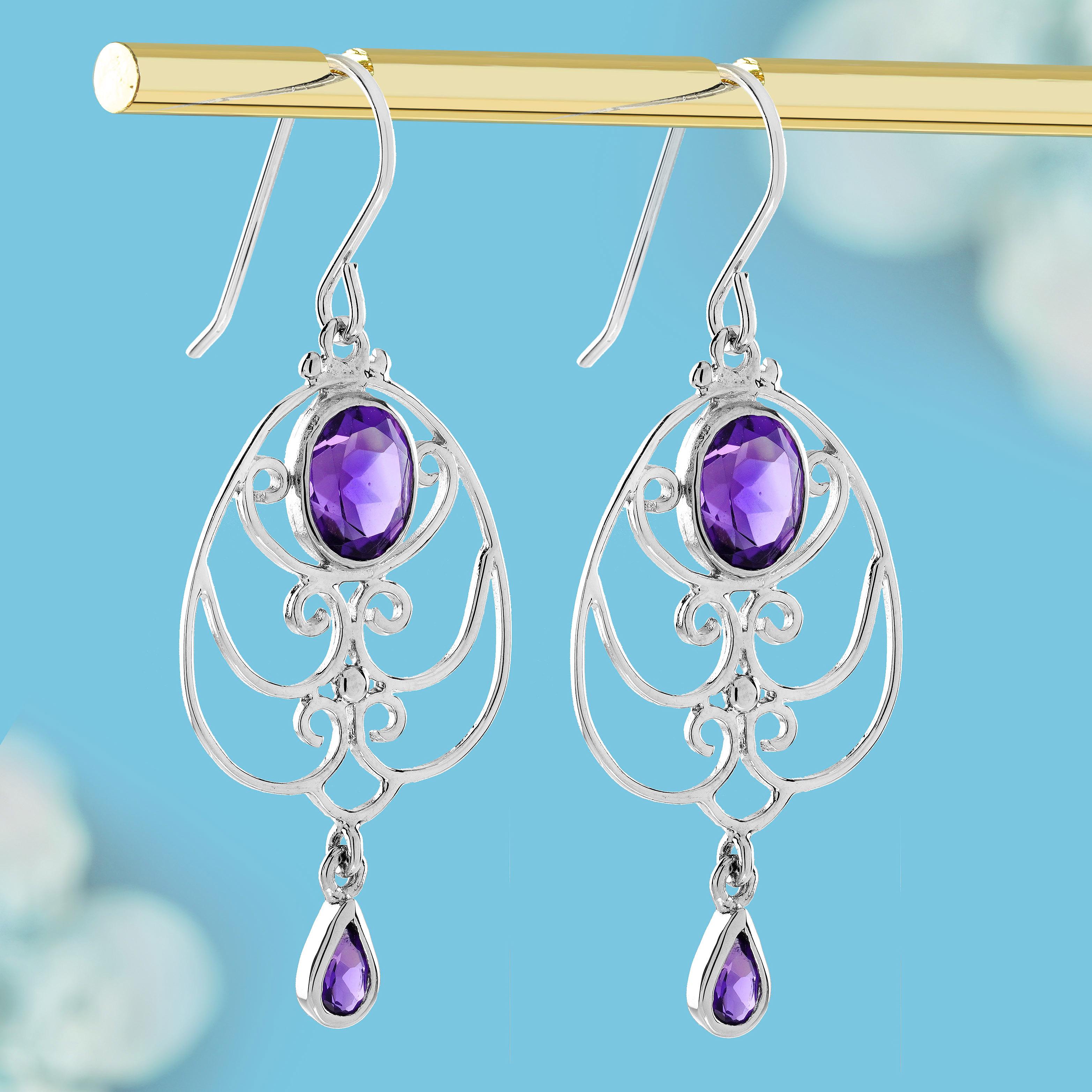 Natürlicher Amethyst-Ohrhänger im viktorianischen Stil aus 9 Karat Weißgold (Edwardian) im Angebot