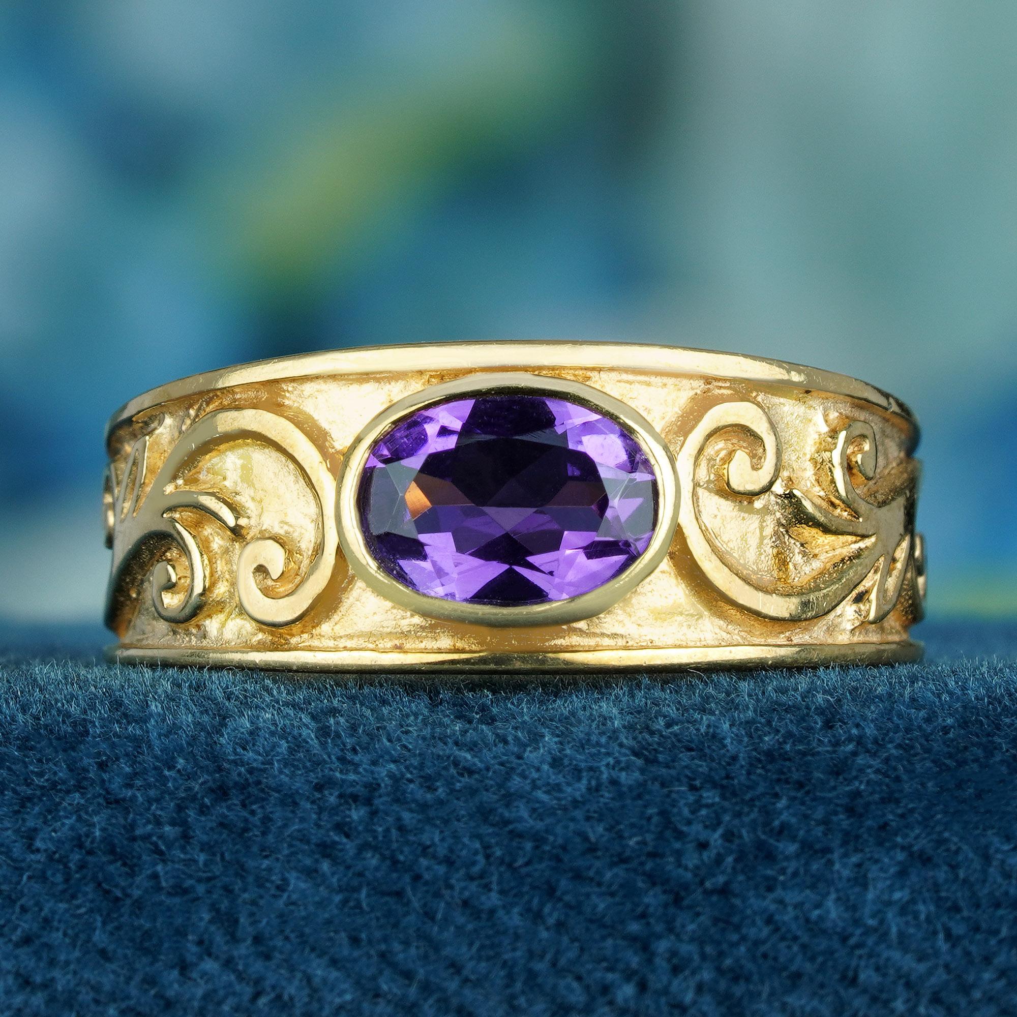 Edwardian Natural Amethyst Vintage Style Carved Band Ring in Solid 9K Yellow Gold For Sale