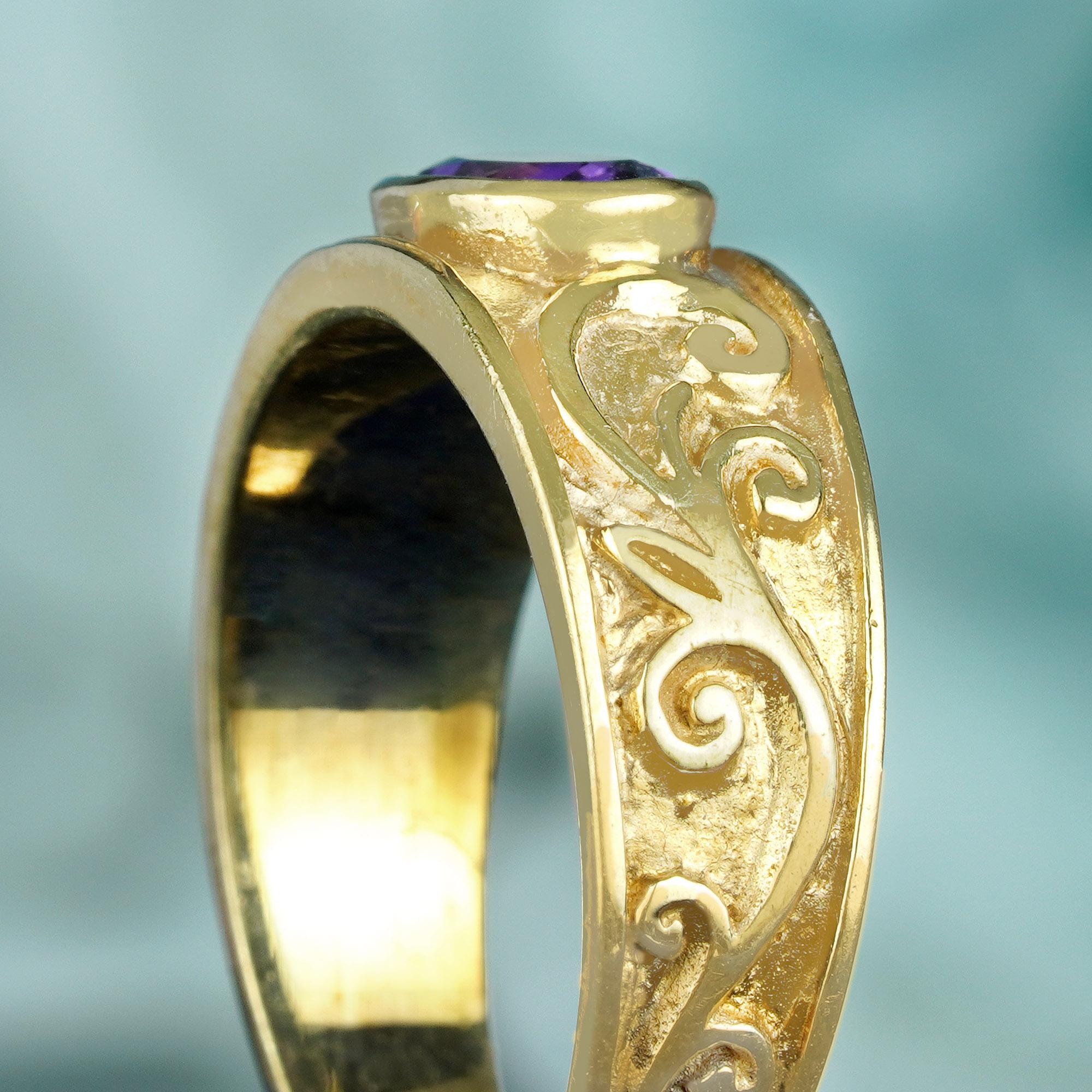 Women's or Men's Natural Amethyst Vintage Style Carved Band Ring in Solid 9K Yellow Gold For Sale