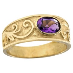 Anello a fascia con ametista naturale intagliata in stile vintage in oro giallo massiccio 9 carati