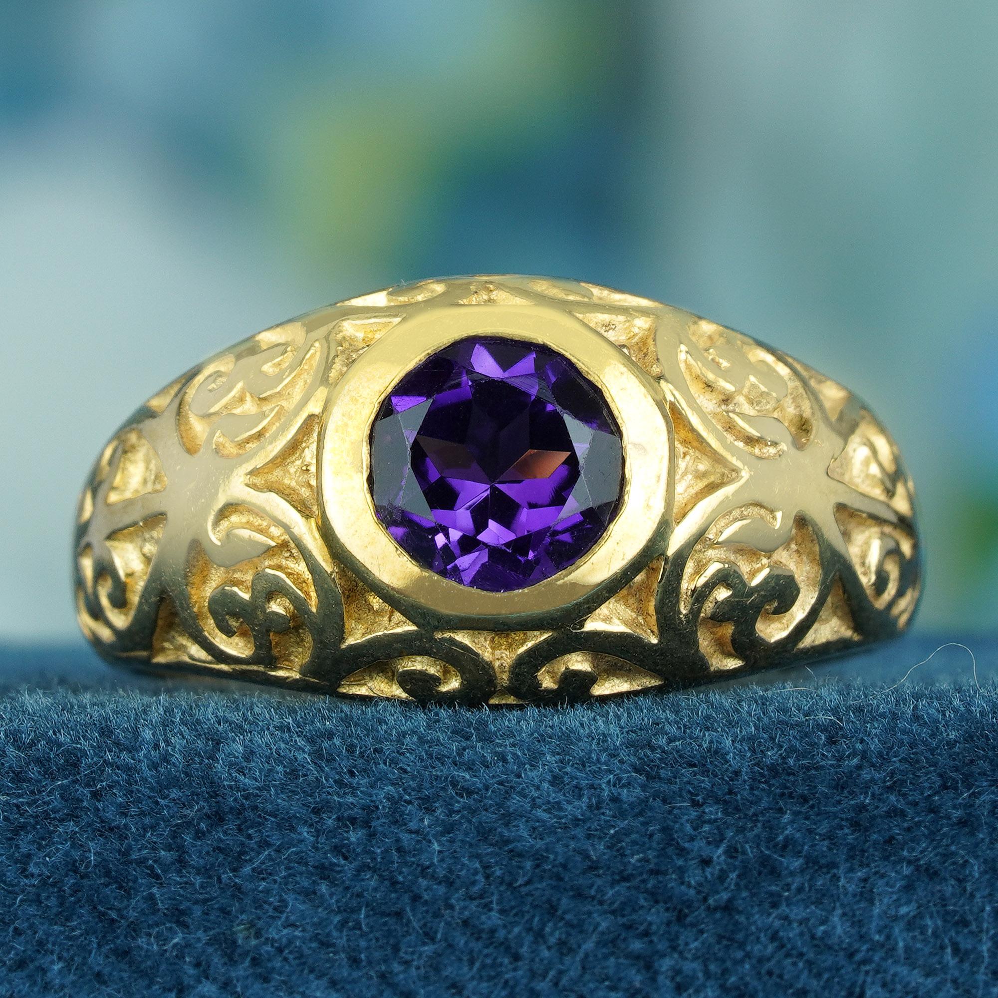 The rich and warm glow emanating from the intricately carved golden band beautifully complements the captivating purple amethyst gemstone. Its facets catch the light, sending mesmerizing shimmers across the room. Owning this ring is not merely about
