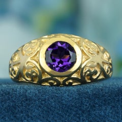 Natural Amethyst Vintage Style Carved Ring in Solid 9K Yellow Gold