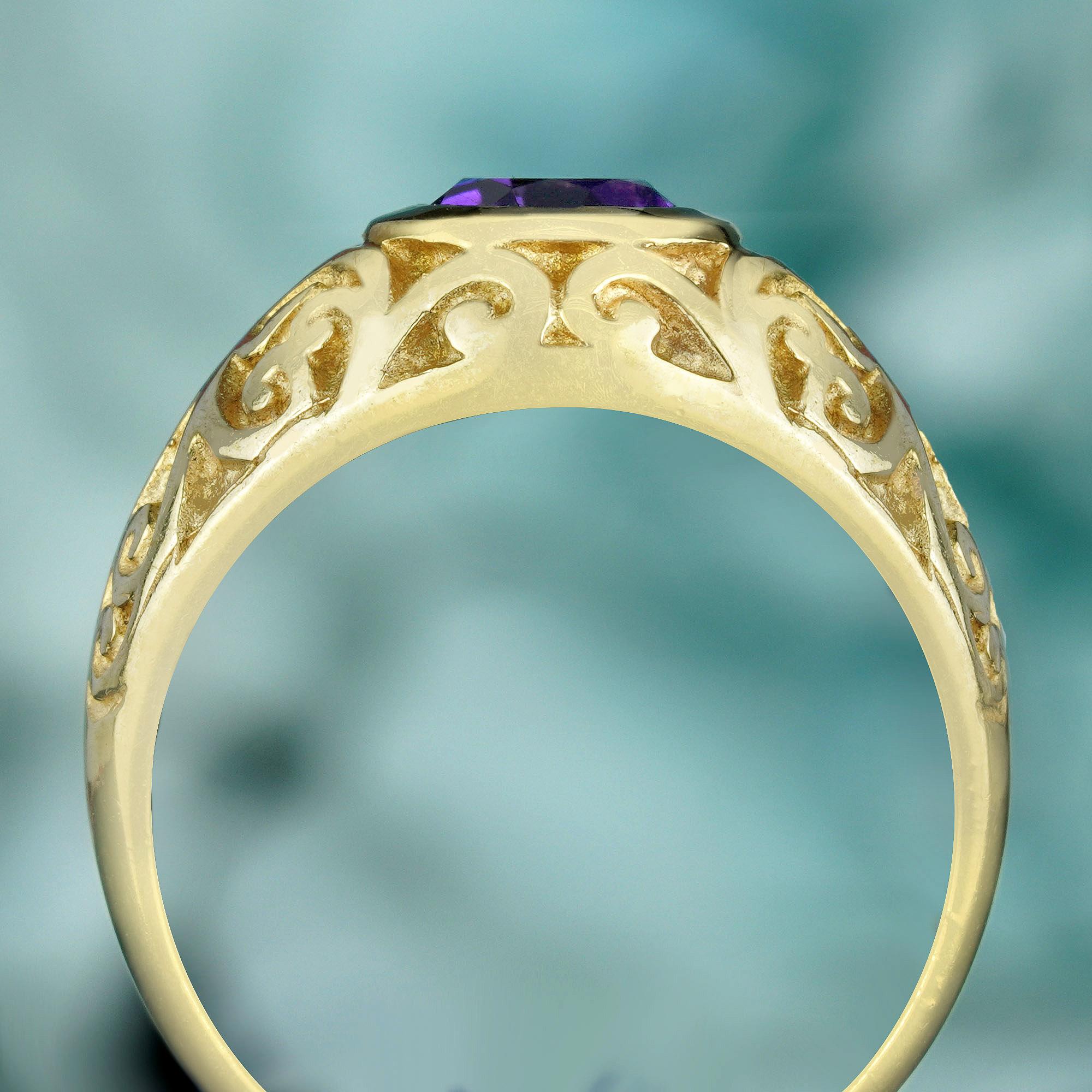 Round Cut Natural Amethyst Vintage Style Carved Ring in Solid 9K Yellow Gold For Sale