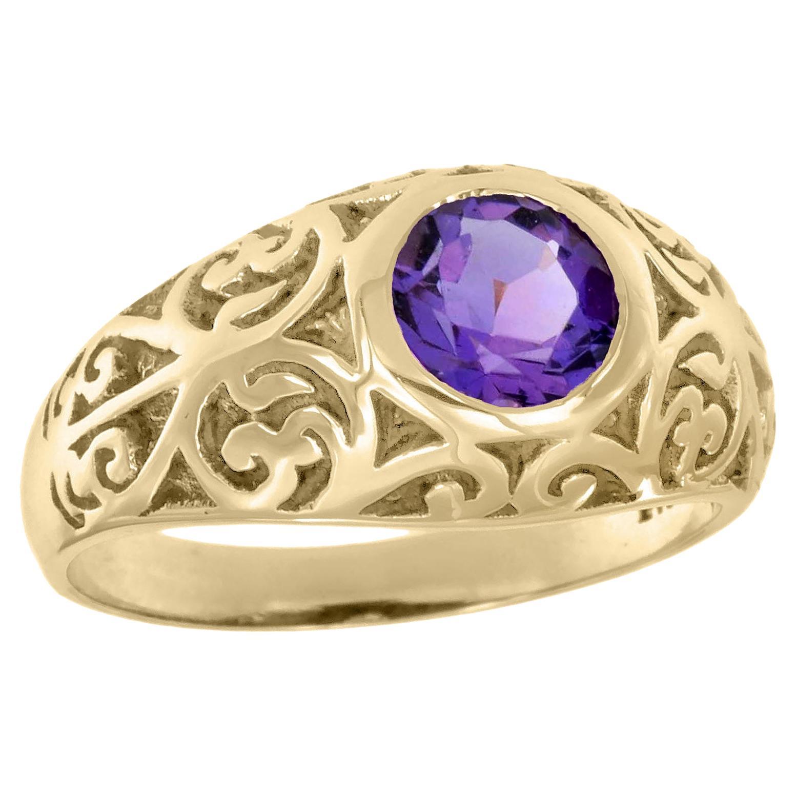 Natural Amethyst Vintage Style Carved Ring in Solid 9K Yellow Gold For Sale