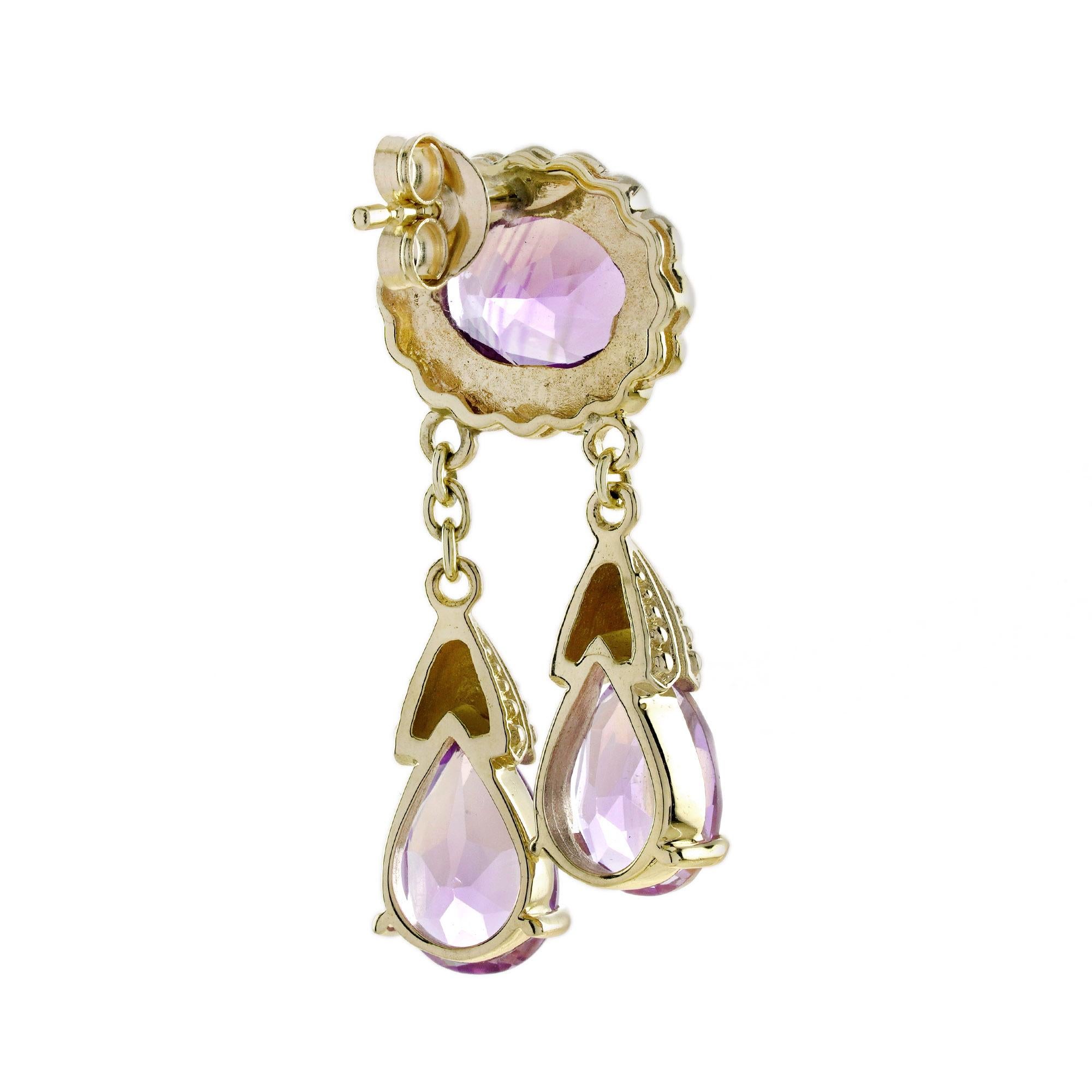 Art Deco Natural Amethyst Vintage Style Dangle Earrings in 9K Yellow Gold For Sale