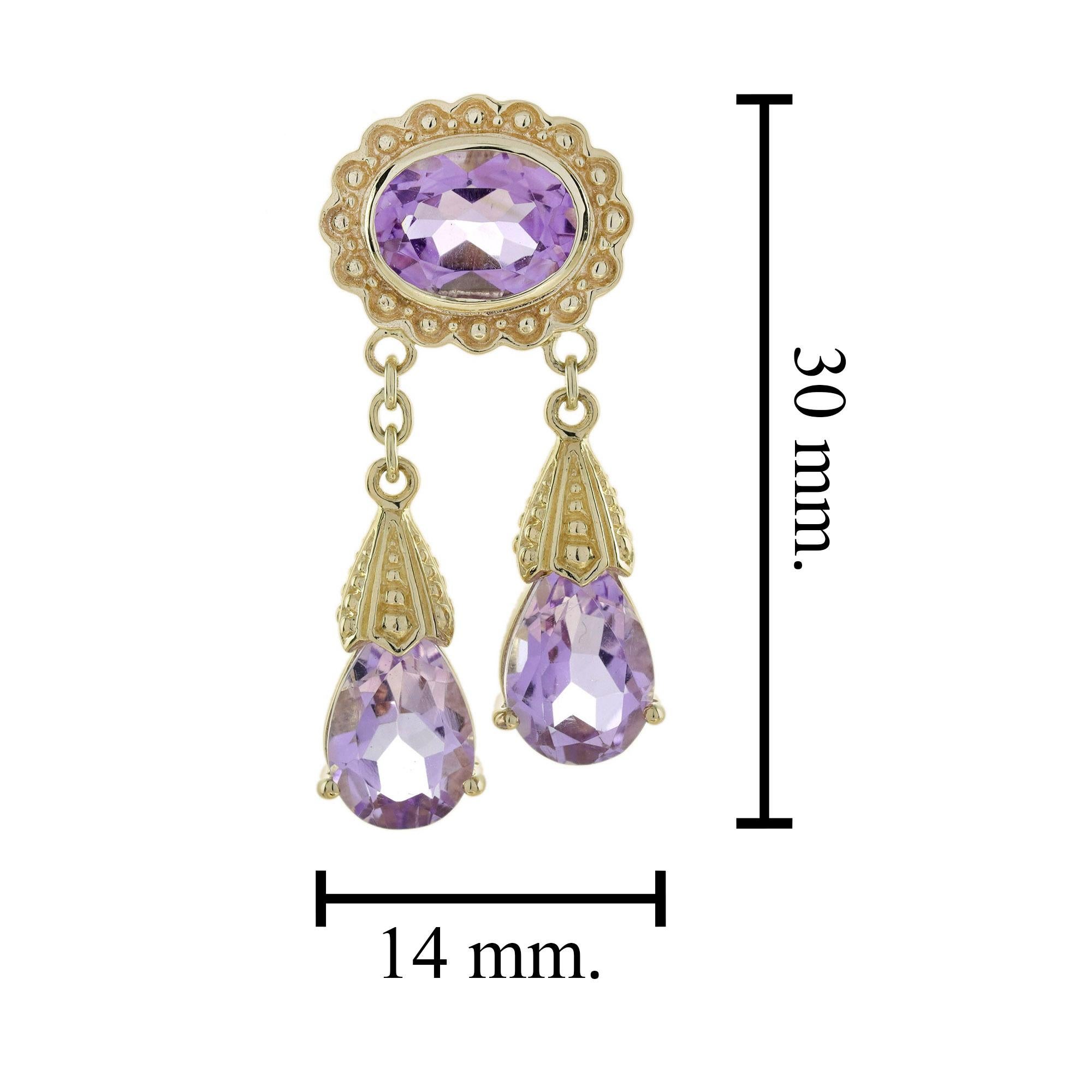 Oval Cut Natural Amethyst Vintage Style Dangle Earrings in 9K Yellow Gold For Sale