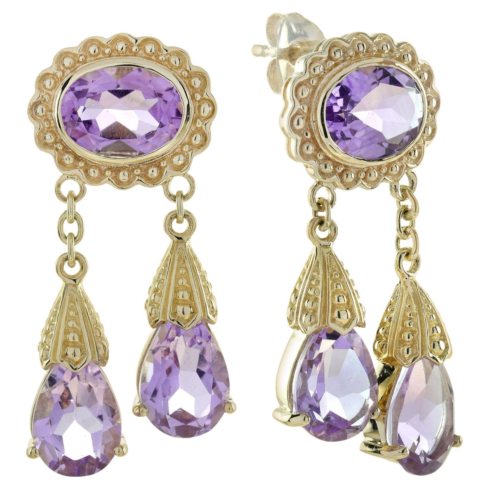 Orecchini pendenti in stile vintage con ametista naturale e oro giallo 9K