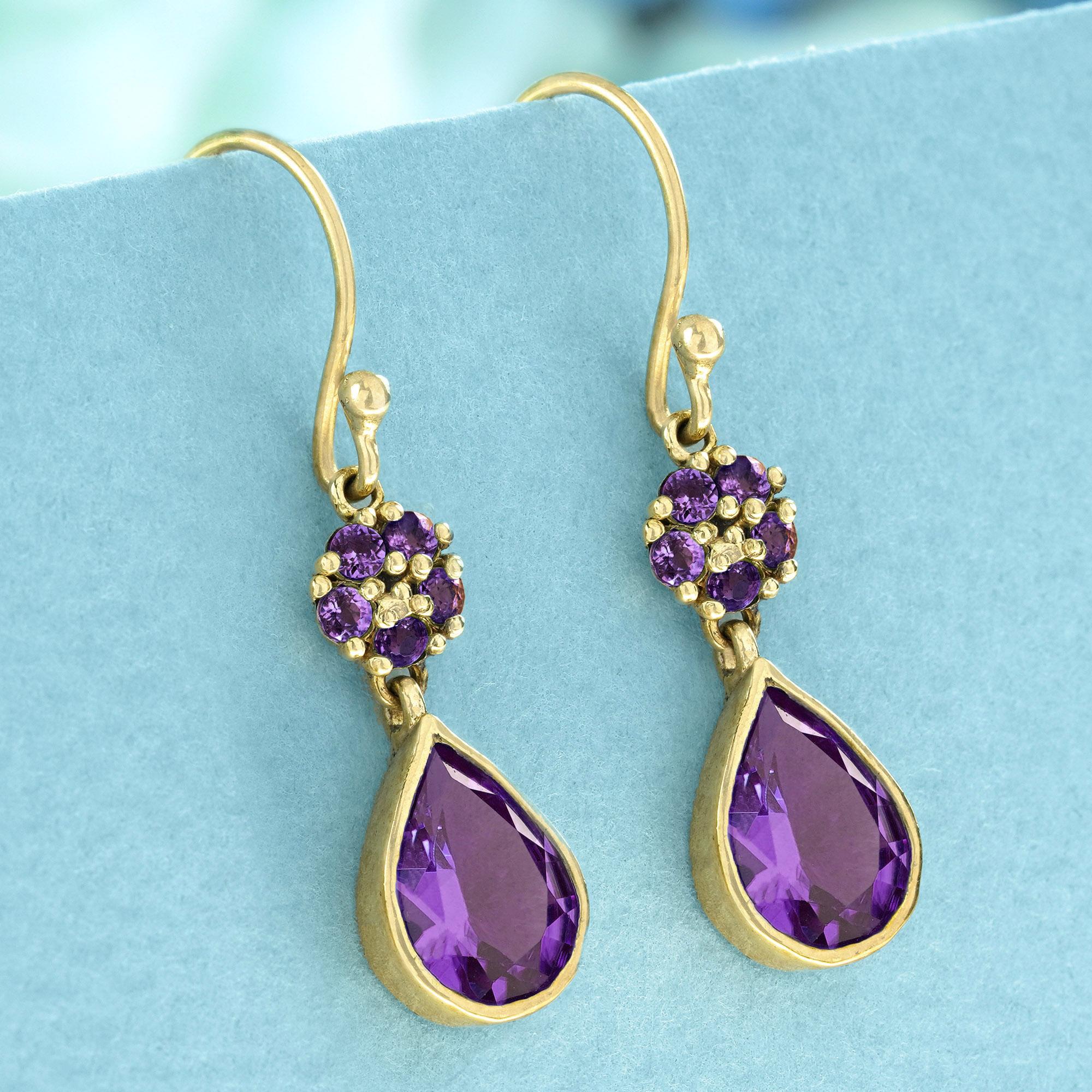 Edwardian Natural Amethyst Vintage Style Drop Earrings in 9K Yellow Gold