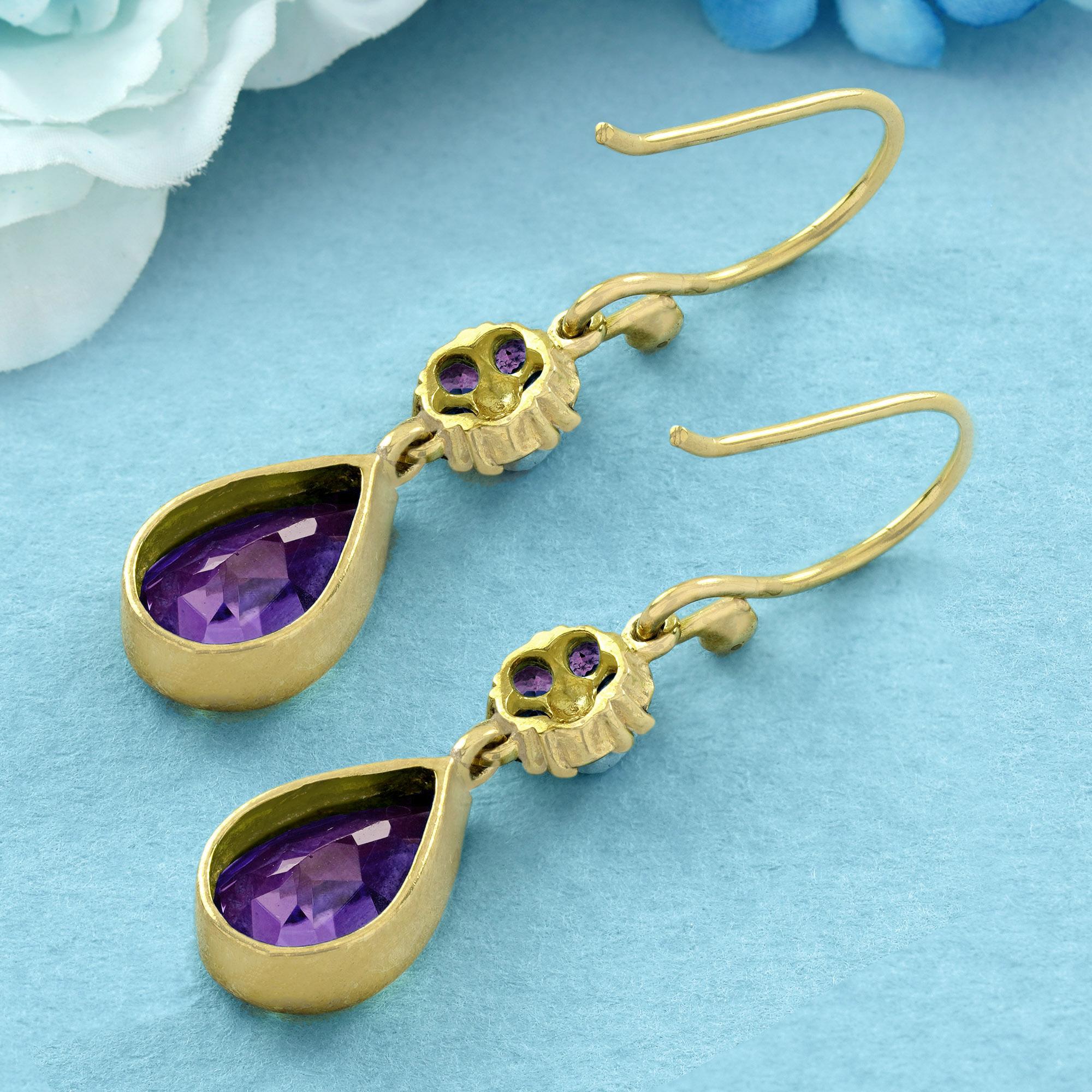Pear Cut Natural Amethyst Vintage Style Drop Earrings in 9K Yellow Gold