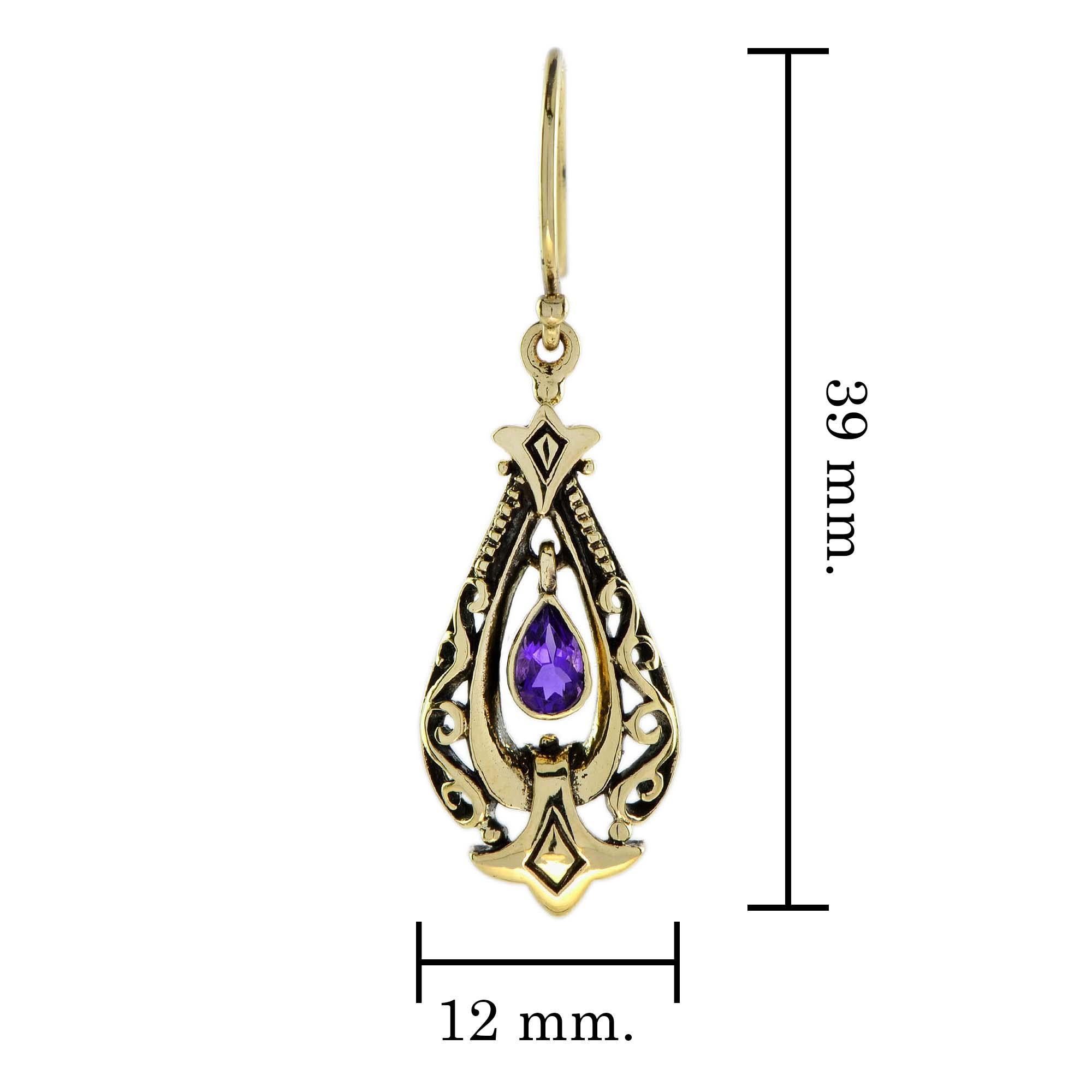 Natural Amethyst Vintage Style Drop Earrings in 9K Yellow Gold In New Condition For Sale In Bangkok, TH