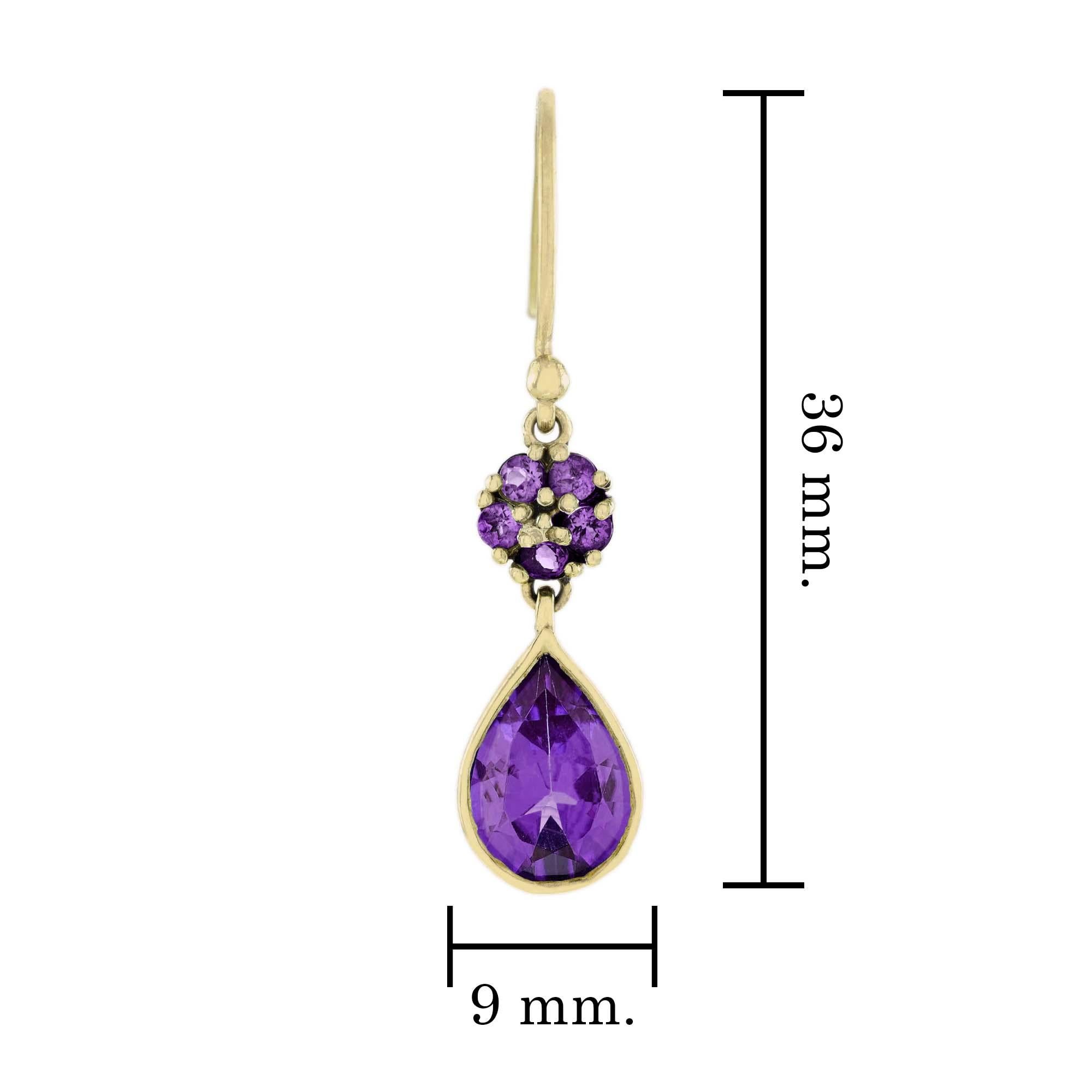 Natural Amethyst Vintage Style Drop Earrings in 9K Yellow Gold In New Condition In Bangkok, TH