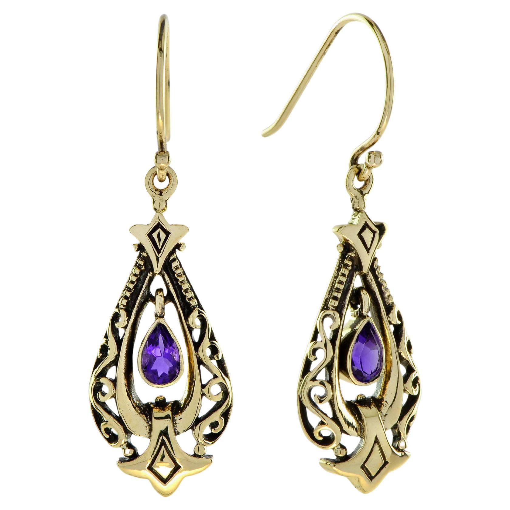 Natural Amethyst Vintage Style Drop Earrings in 9K Yellow Gold For Sale