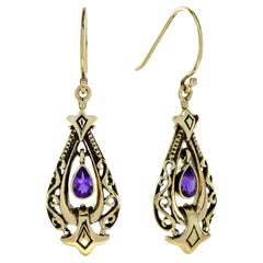 Natural Amethyst Vintage Style Drop Earrings in 9K Yellow Gold