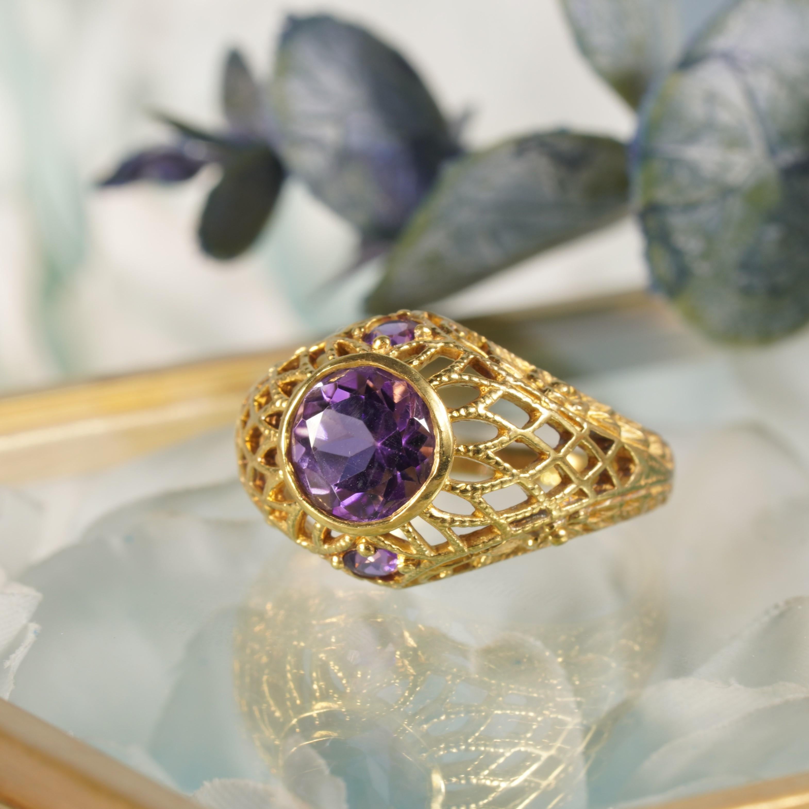 For Sale:  Natural Amethyst Vintage Style Filigree Net Ring in Solid 9K Yellow Gold 10