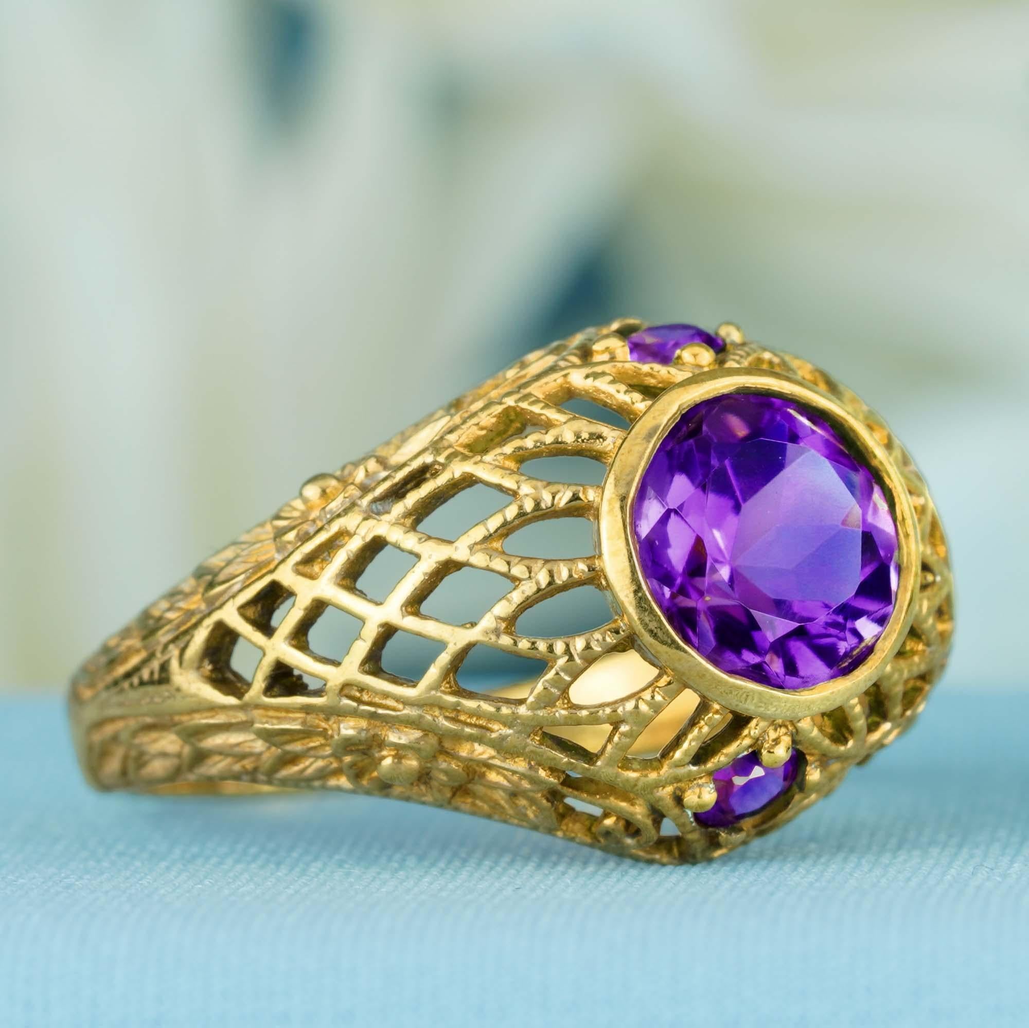 For Sale:  Natural Amethyst Vintage Style Filigree Net Ring in Solid 9K Yellow Gold 2