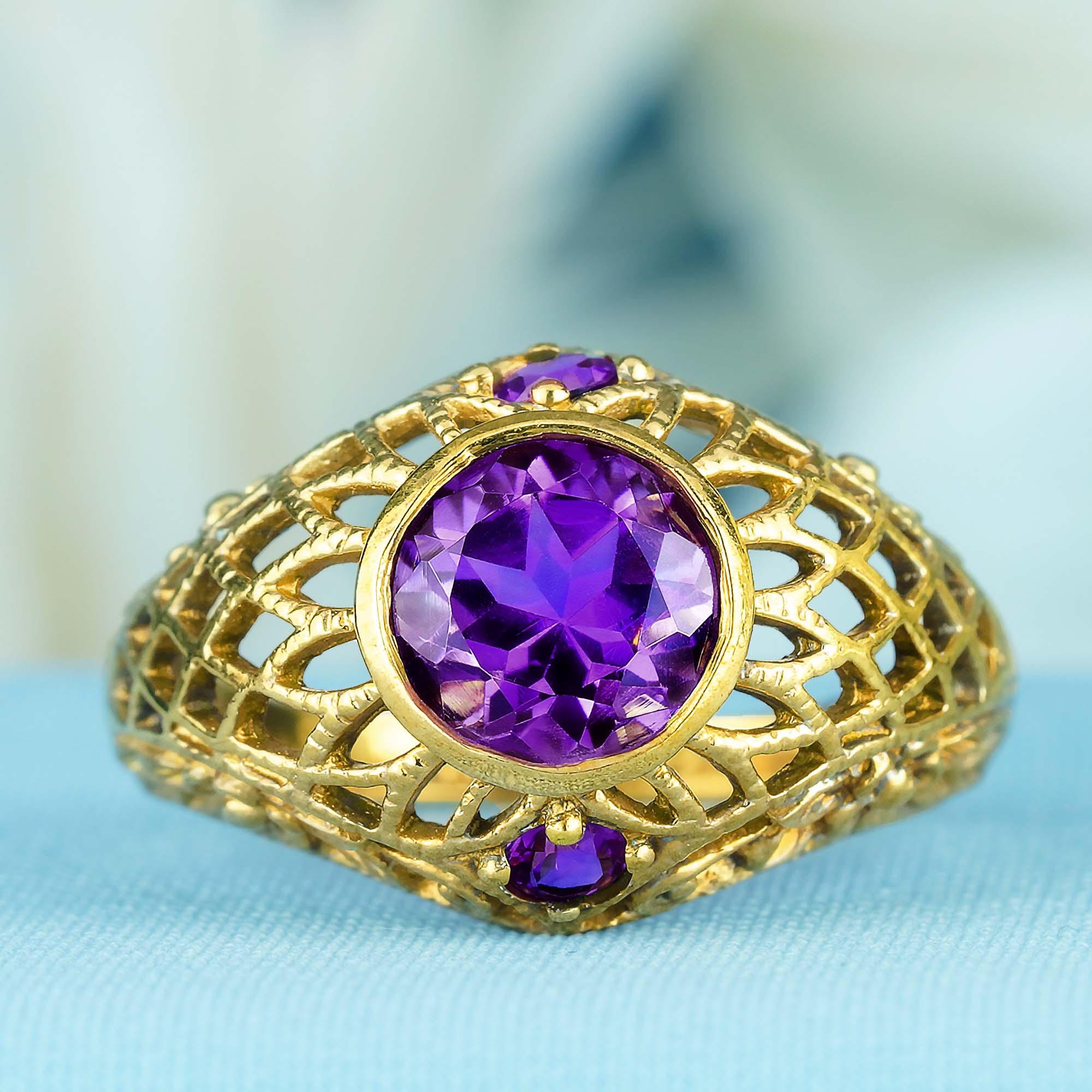 Filigraner Netzring aus massivem 9K Gelbgold mit natürlichem Amethyst im Vintage-Stil () 3