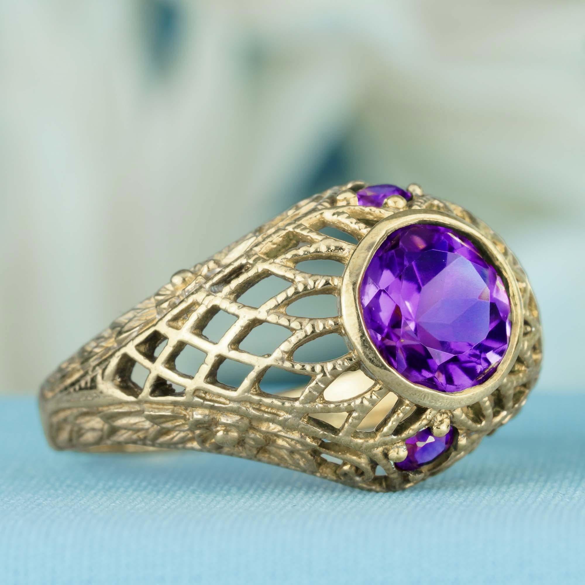 Art déco Bague filigrane de style vintage en or jaune 9 carats massif avec améthyste naturelle en vente