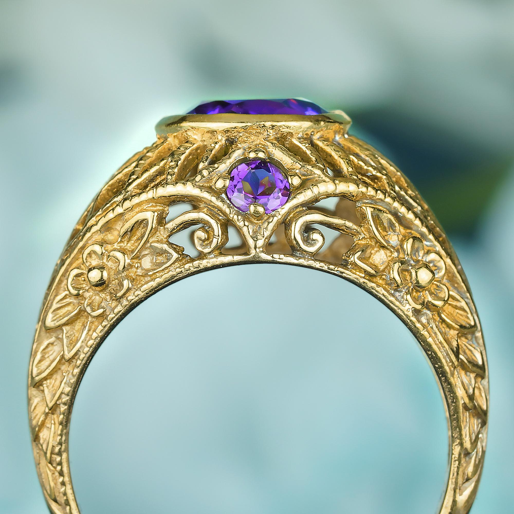 For Sale:  Natural Amethyst Vintage Style Filigree Net Ring in Solid 9K Yellow Gold 5