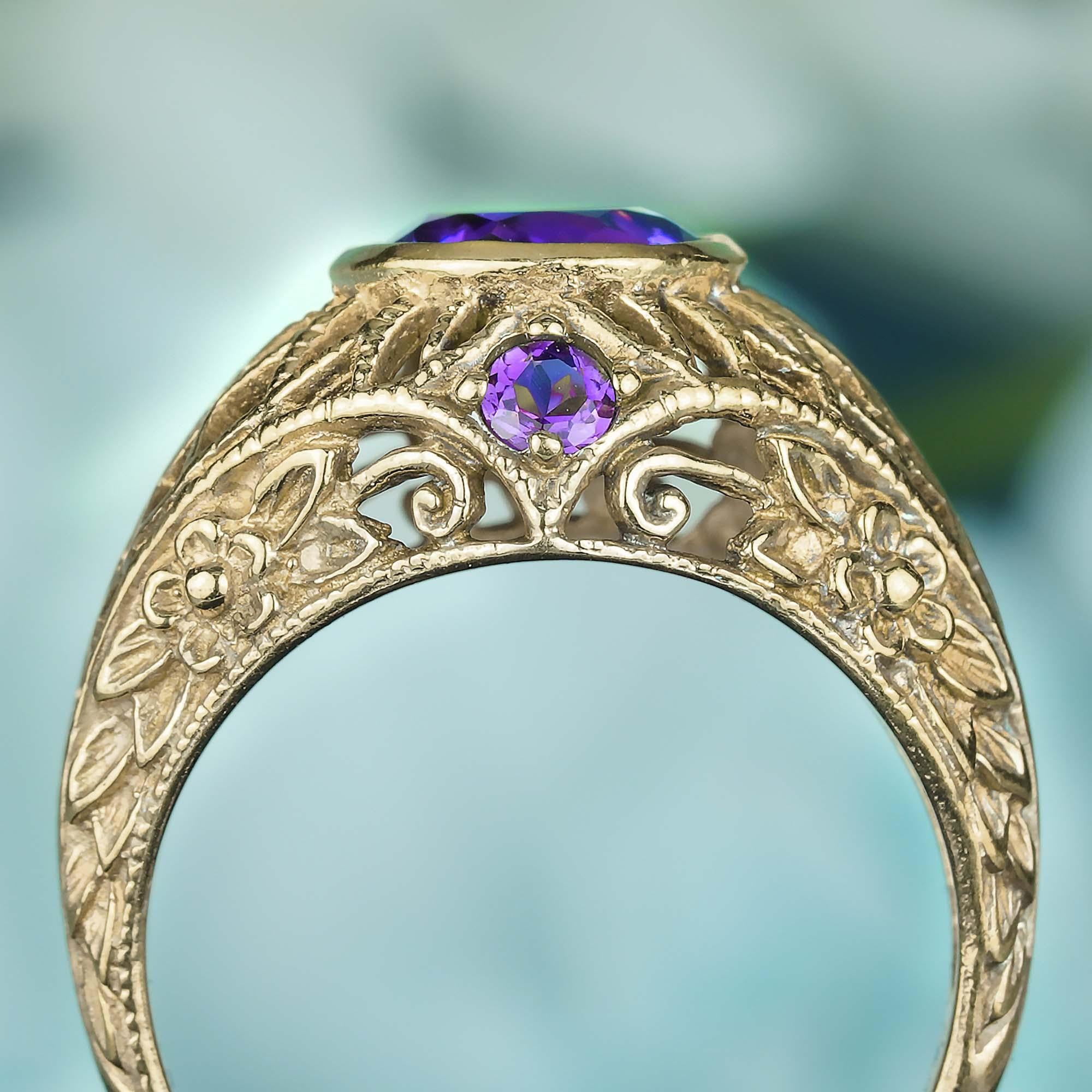 Bague filigrane de style vintage en or jaune 9 carats massif avec améthyste naturelle Neuf - En vente à Bangkok, TH