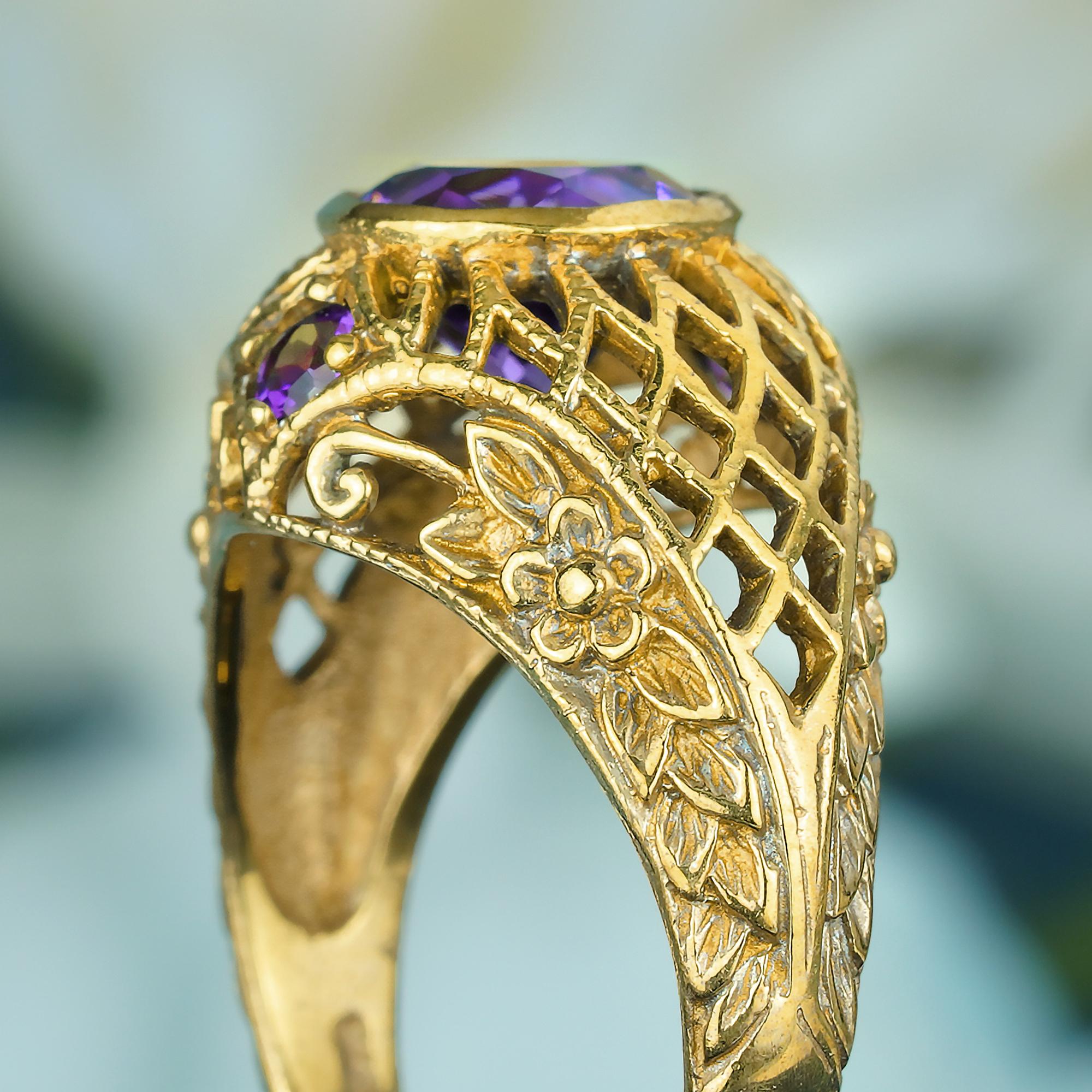For Sale:  Natural Amethyst Vintage Style Filigree Net Ring in Solid 9K Yellow Gold 6