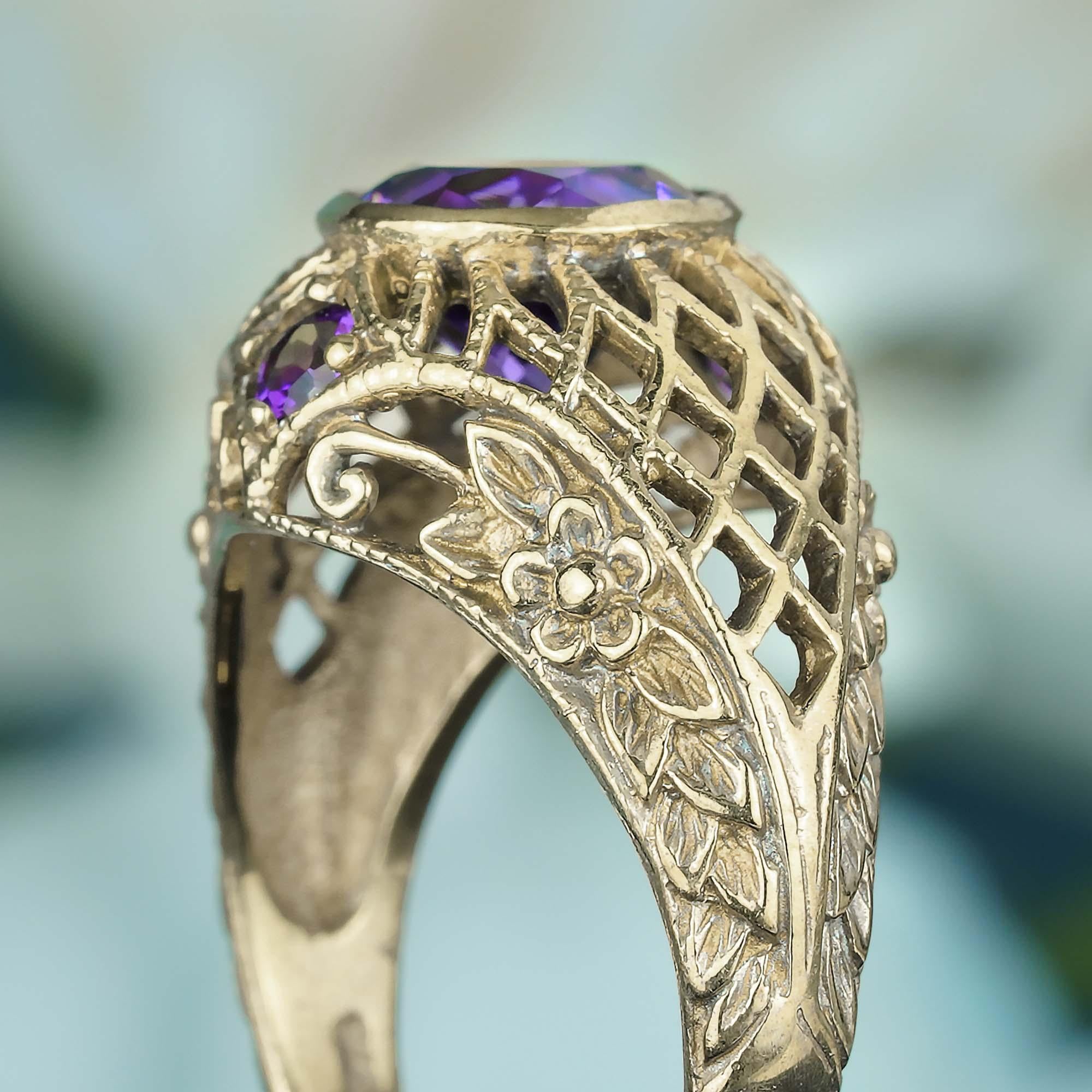 Bague filigrane de style vintage en or jaune 9 carats massif avec améthyste naturelle Pour femmes en vente