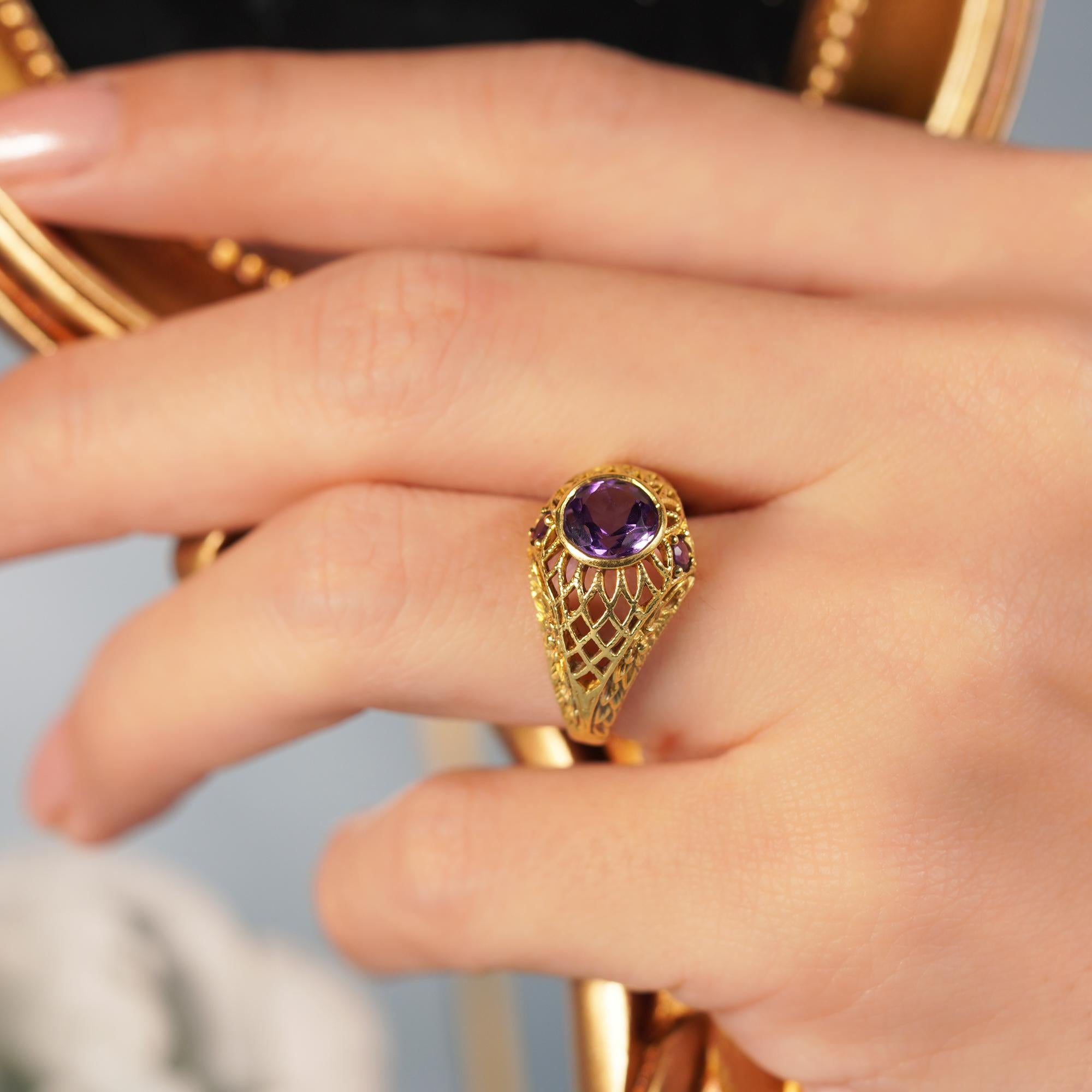 For Sale:  Natural Amethyst Vintage Style Filigree Net Ring in Solid 9K Yellow Gold 7