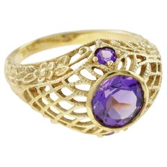 Natural Amethyst Vintage Style Filigree Net Ring in Solid 9K Yellow Gold
