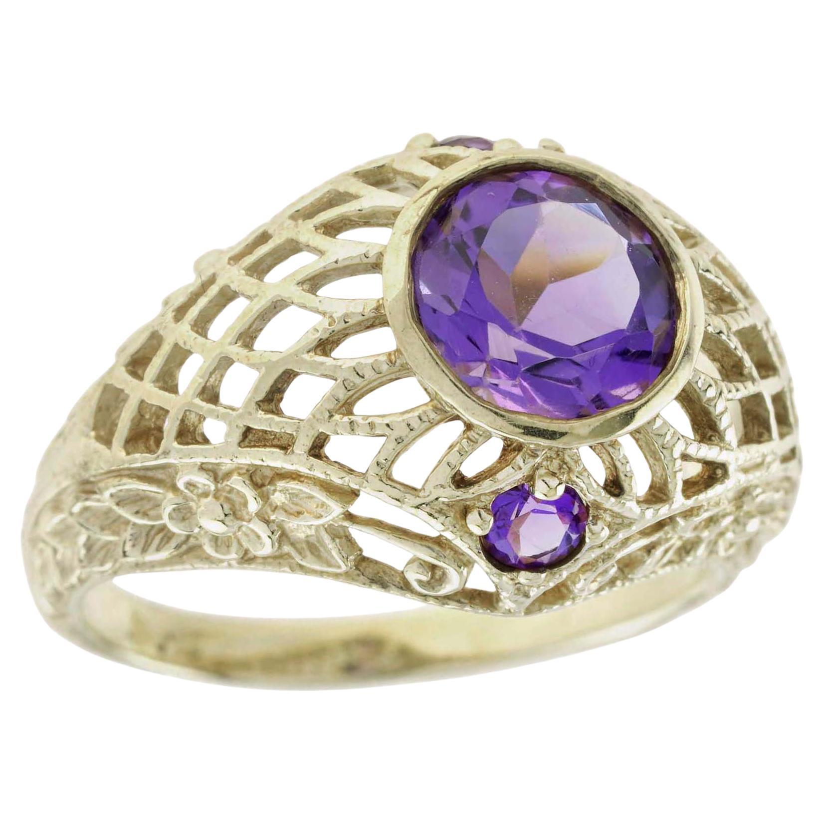 Natural Amethyst Vintage Style Filigree Net Ring in Solid 9K Yellow Gold