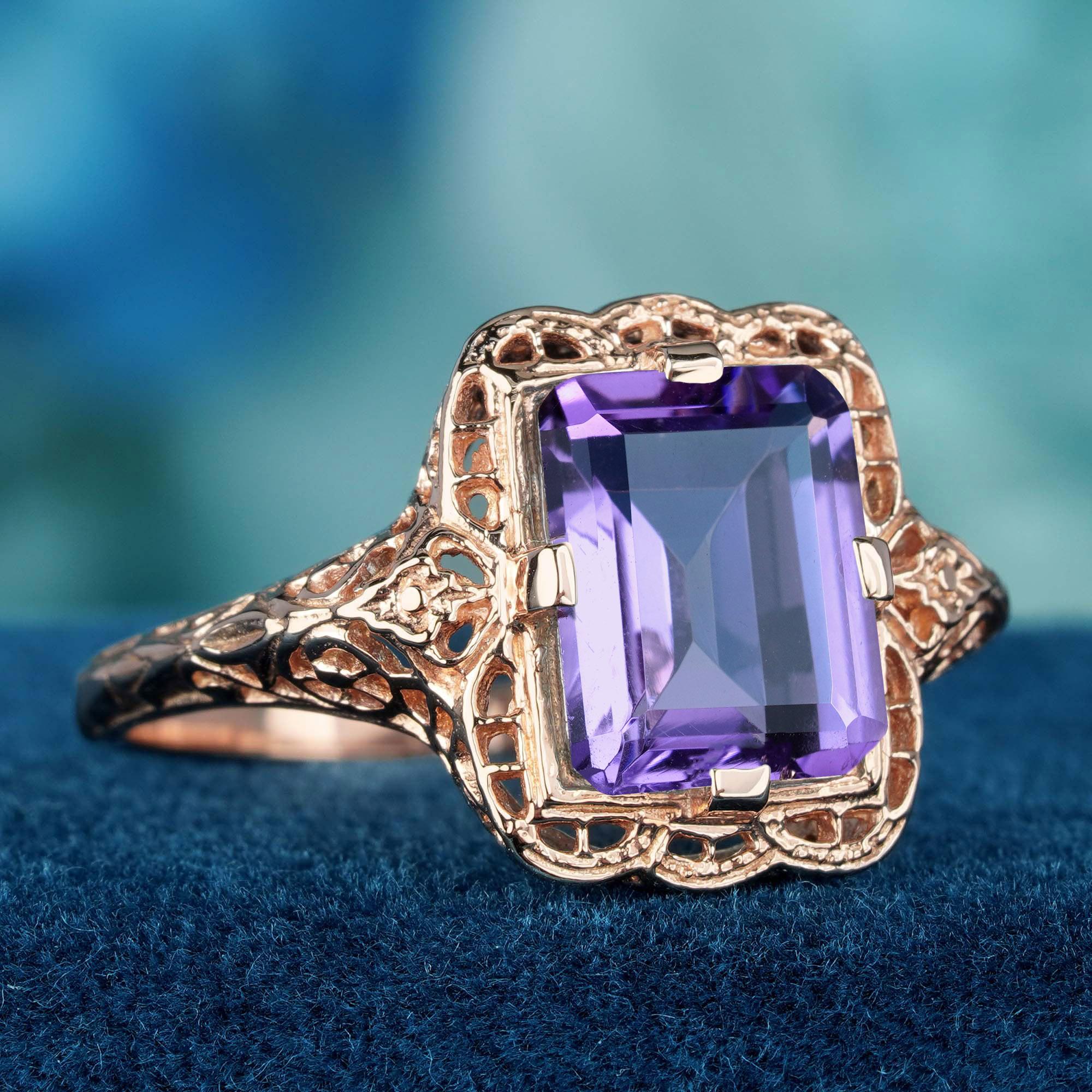 Edwardian Natural Amethyst Vintage Style Filigree Ring in 9K Rose Gold For Sale