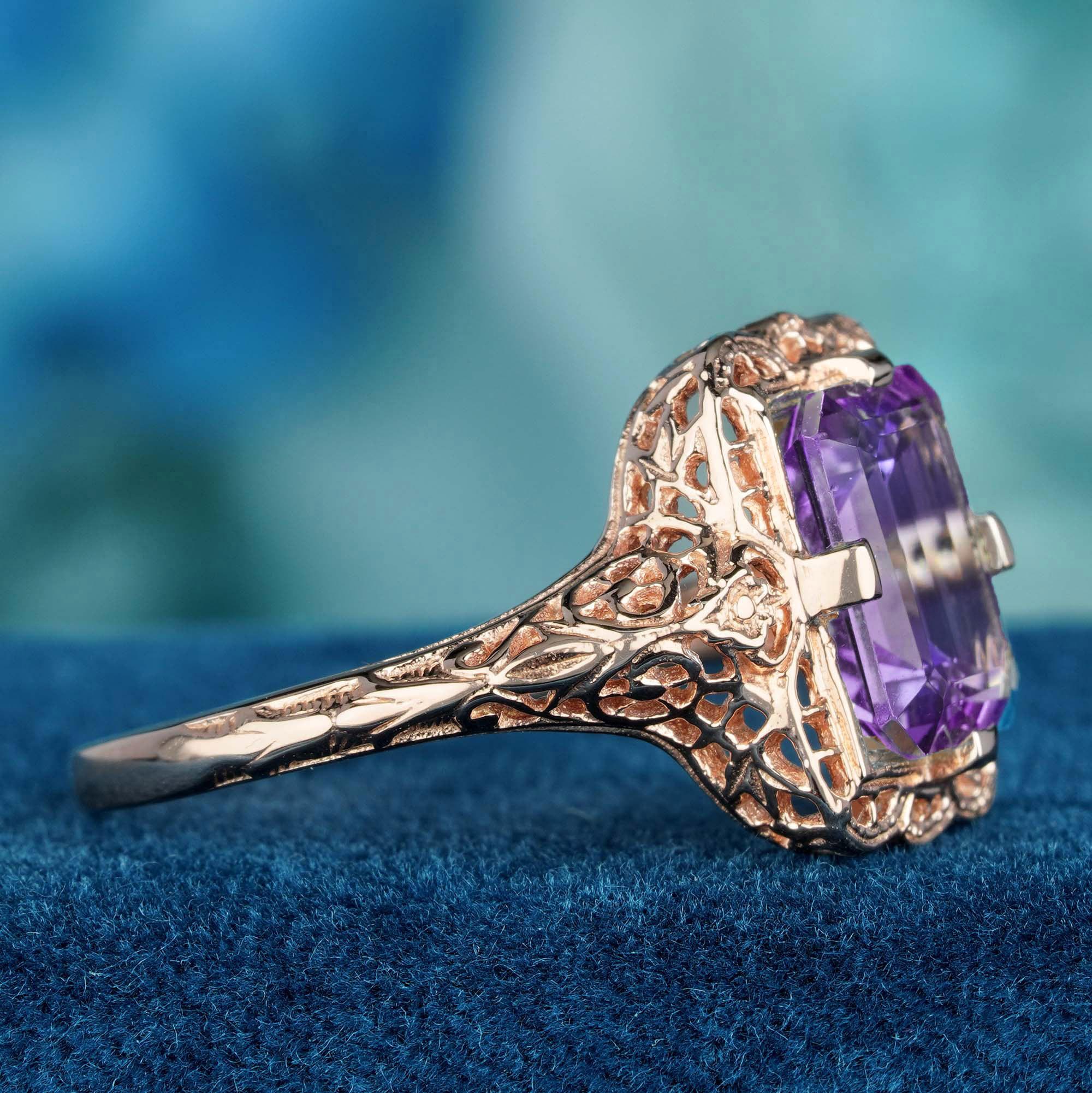 Emerald Cut Natural Amethyst Vintage Style Filigree Ring in 9K Rose Gold For Sale