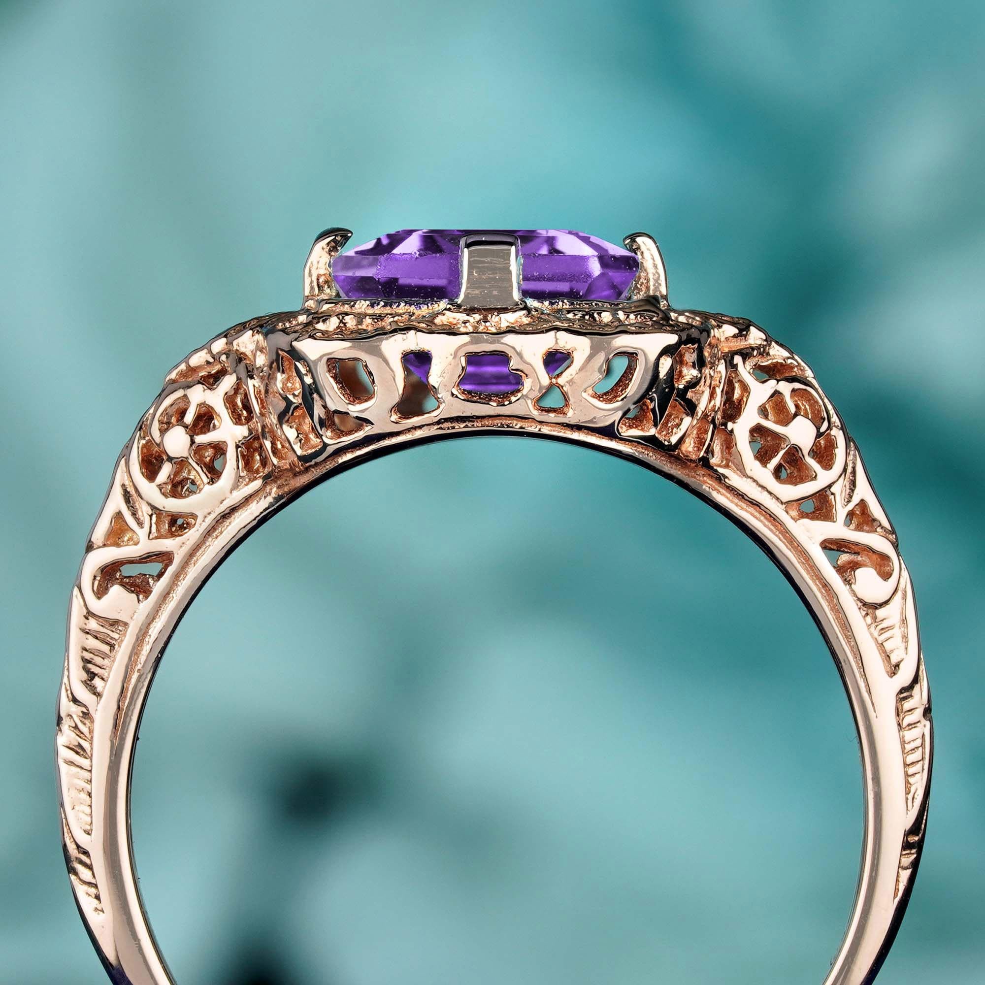Natural Amethyst Vintage Style Filigree Ring in 9K Rose Gold In New Condition For Sale In Bangkok, TH