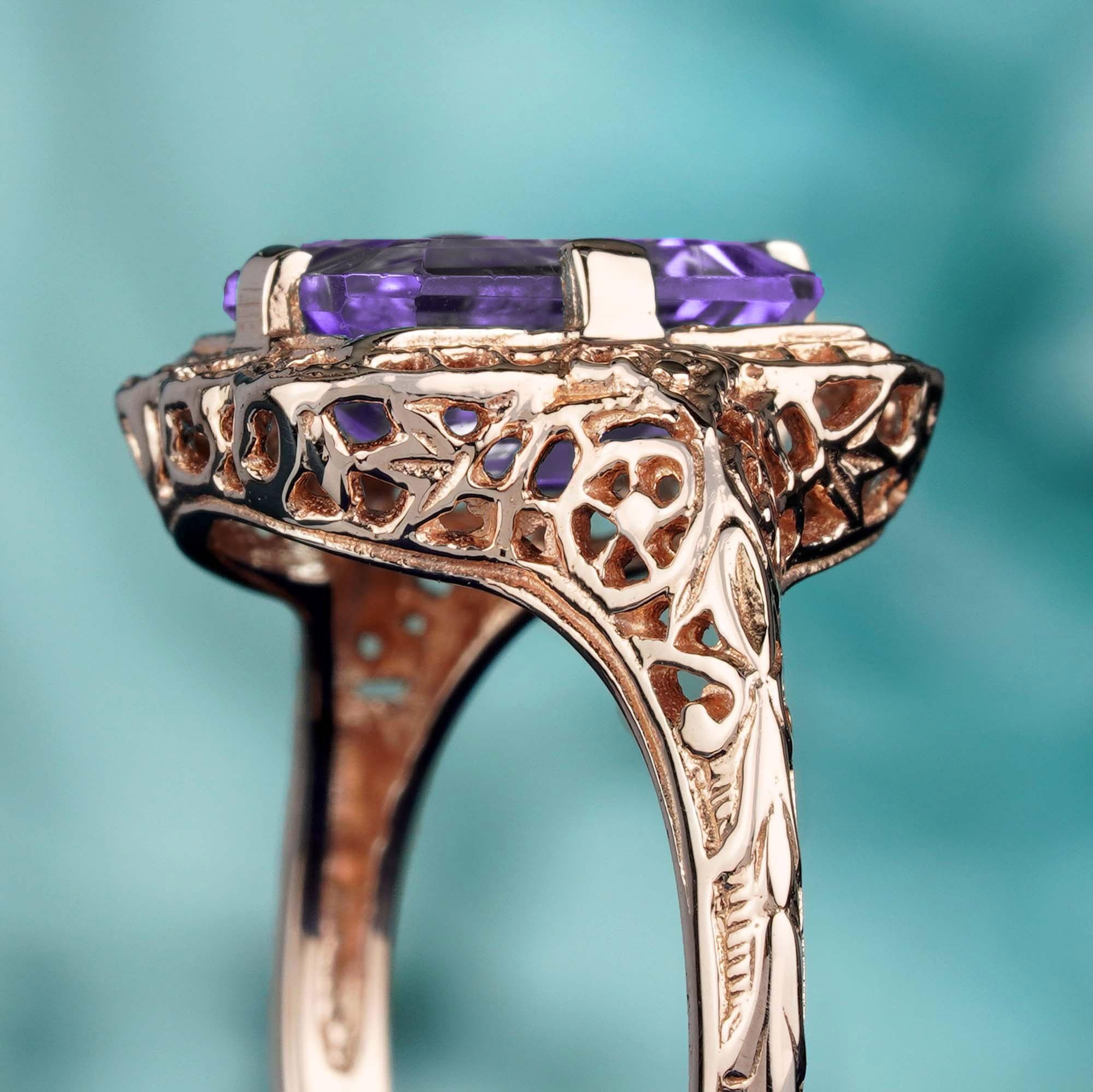 Women's Natural Amethyst Vintage Style Filigree Ring in 9K Rose Gold For Sale