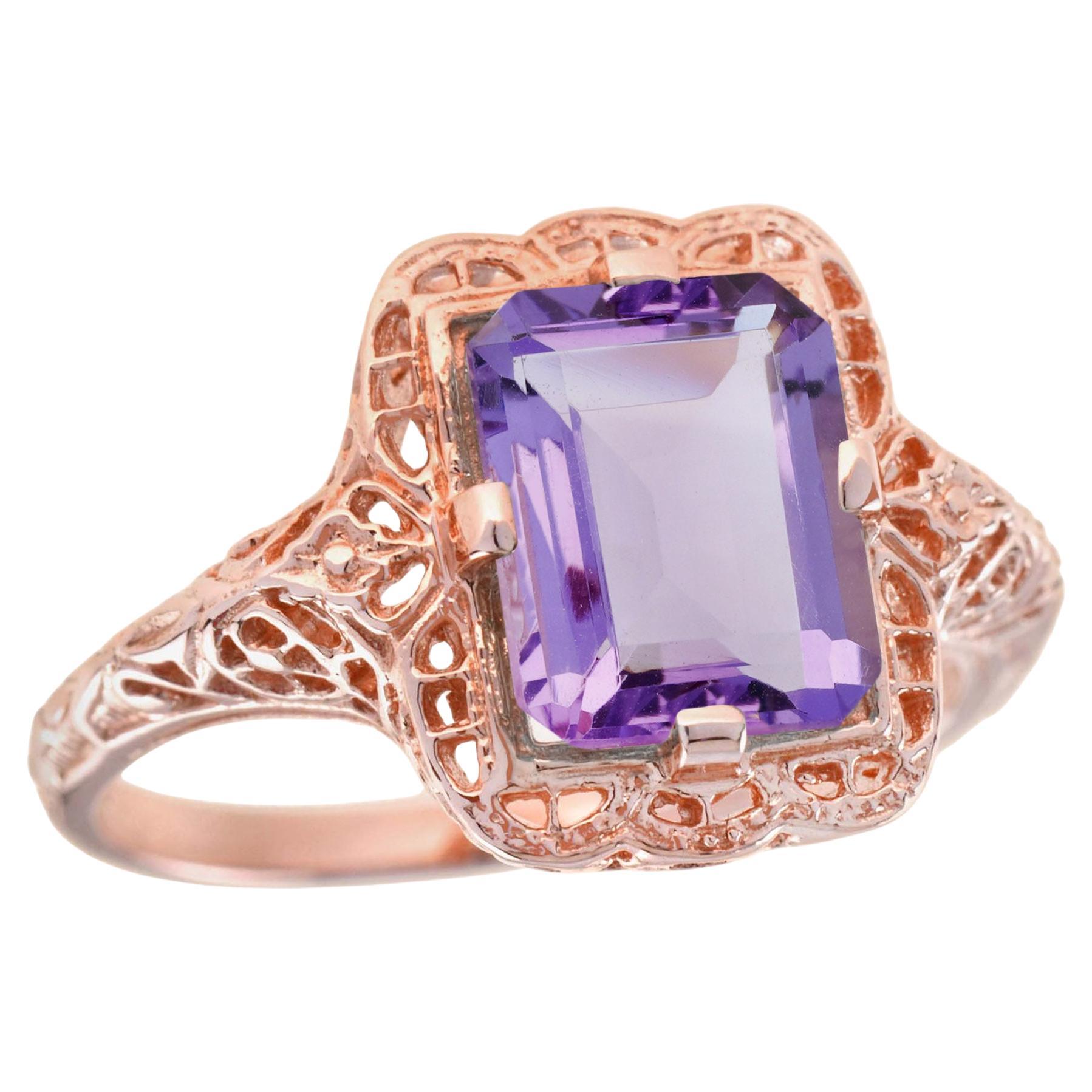 Natural Amethyst Vintage Style Filigree Ring in 9K Rose Gold