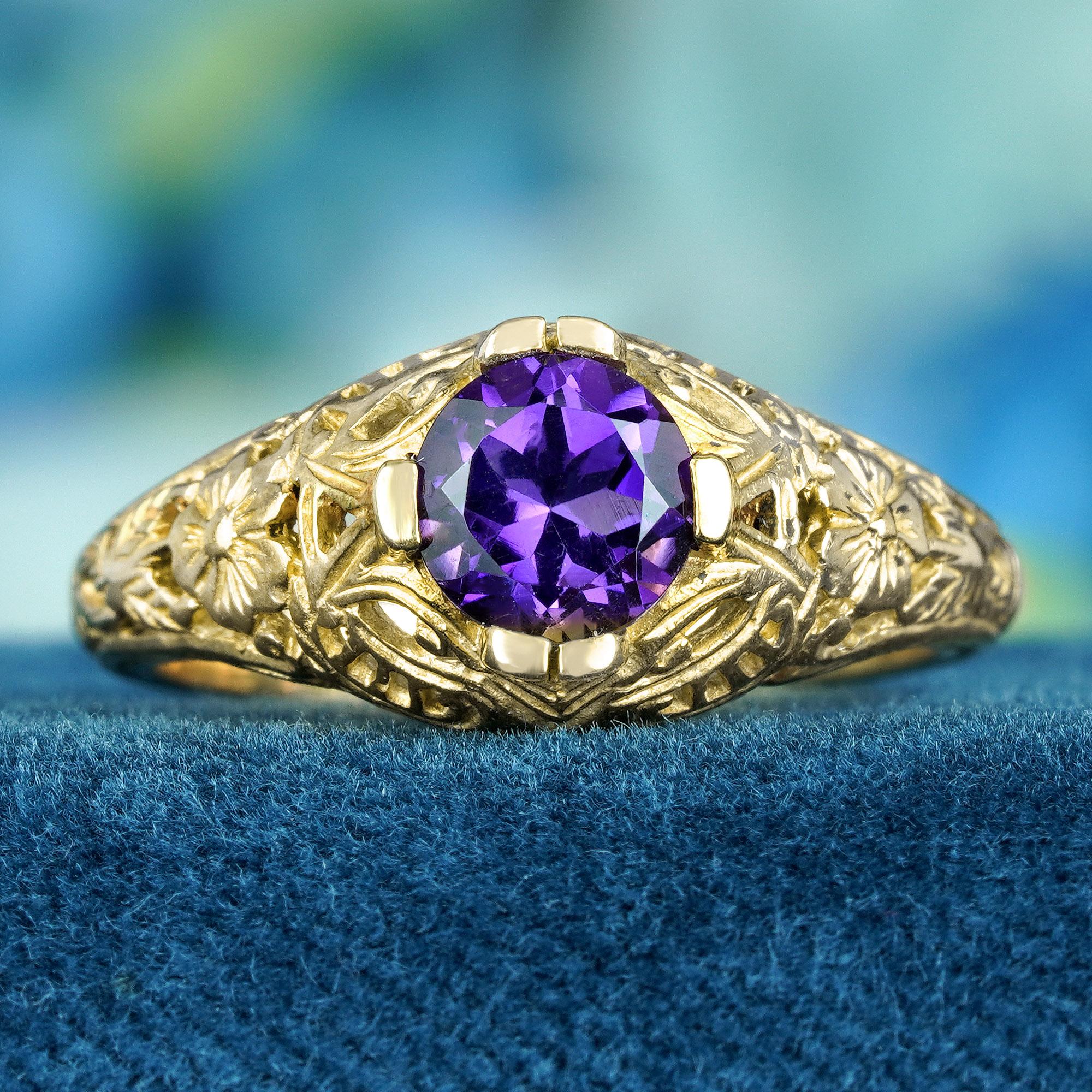 Edwardian Natural Amethyst Vintage Style Filigree Ring in Solid 9K Yellow Gold For Sale