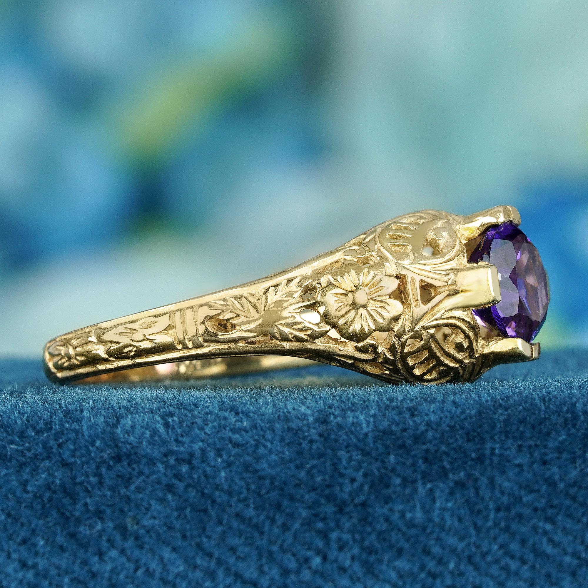 Round Cut Natural Amethyst Vintage Style Filigree Ring in Solid 9K Yellow Gold For Sale