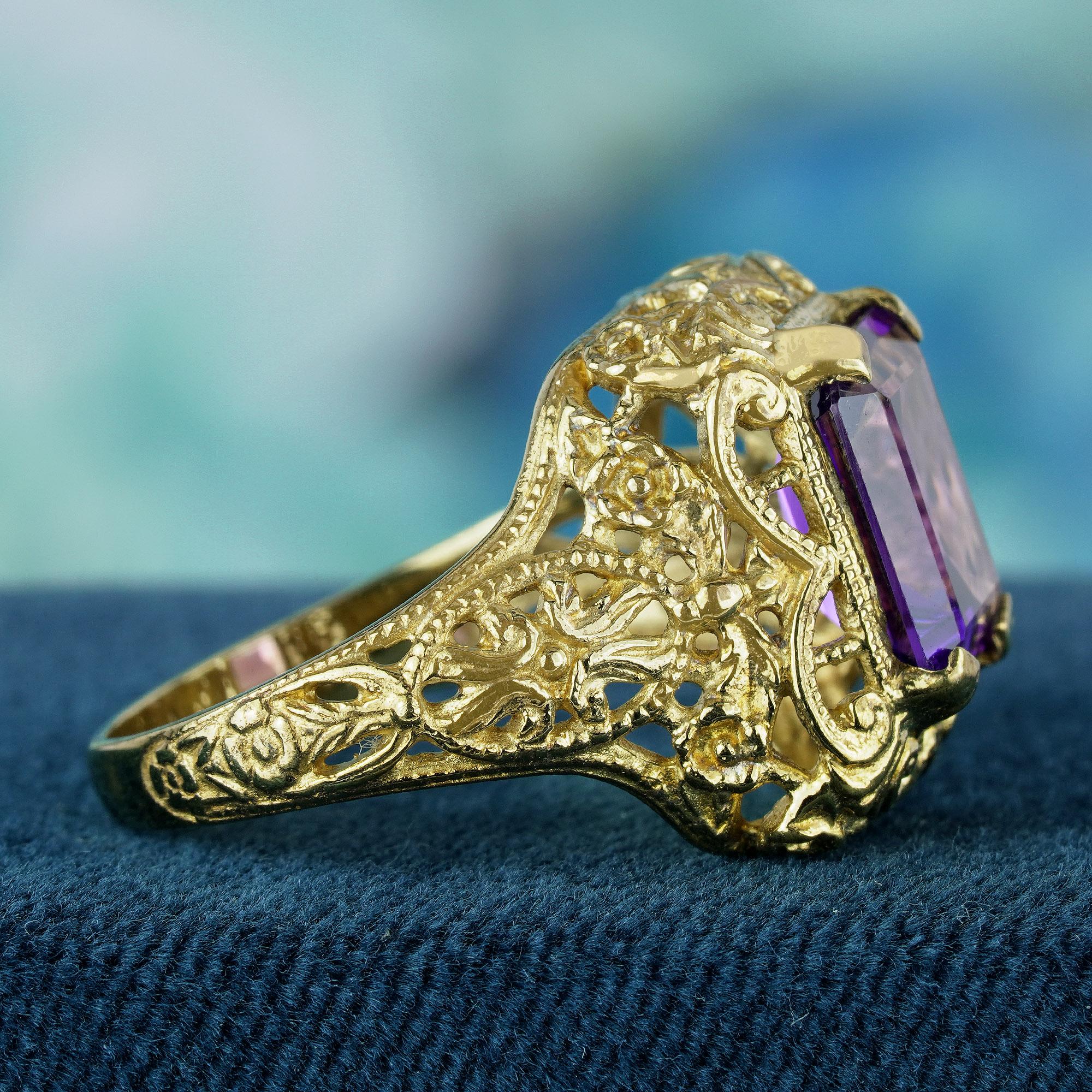 Emerald Cut Natural Amethyst Vintage Style Filigree Ring in Solid 9K Yellow Gold For Sale