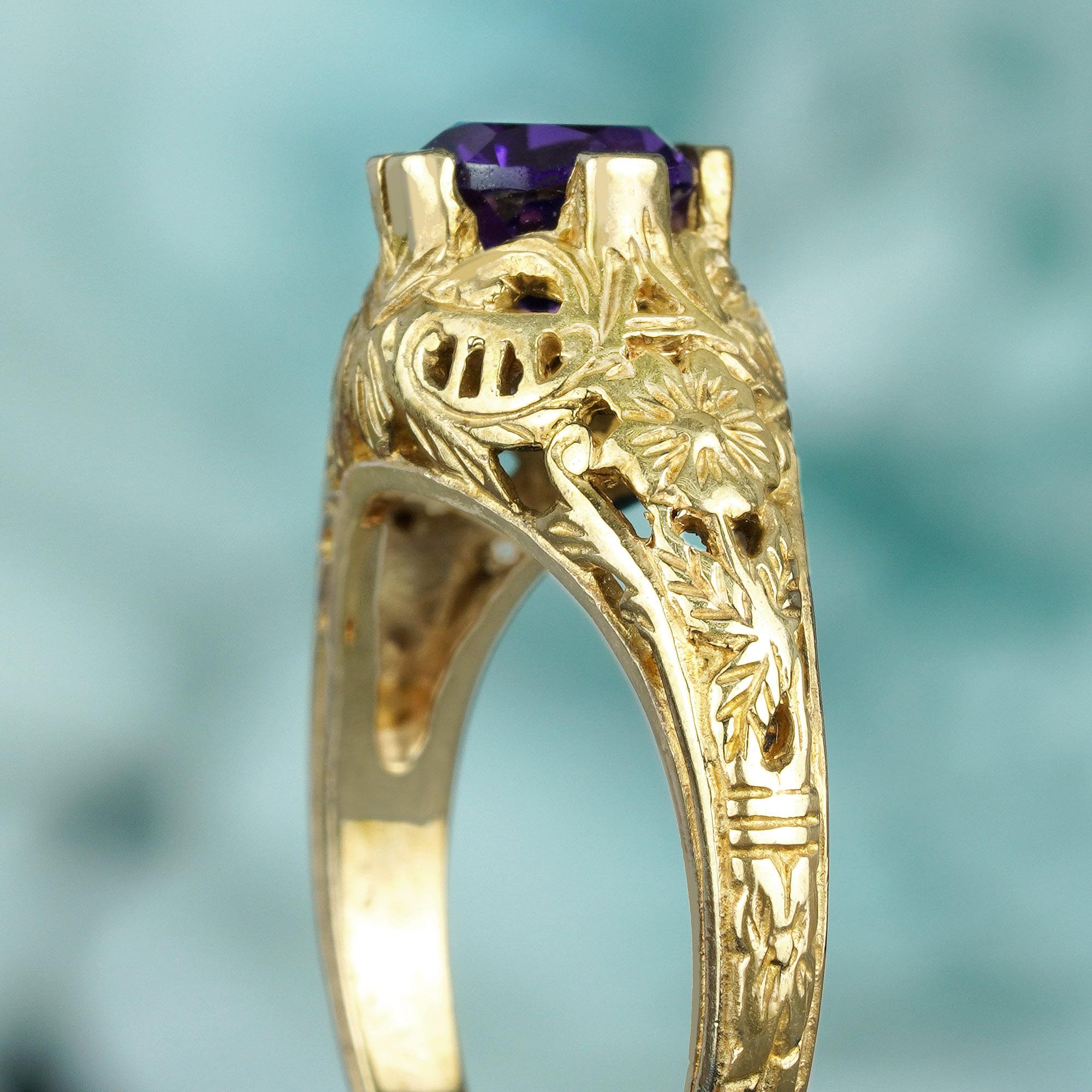 Women's Natural Amethyst Vintage Style Filigree Ring in Solid 9K Yellow Gold For Sale