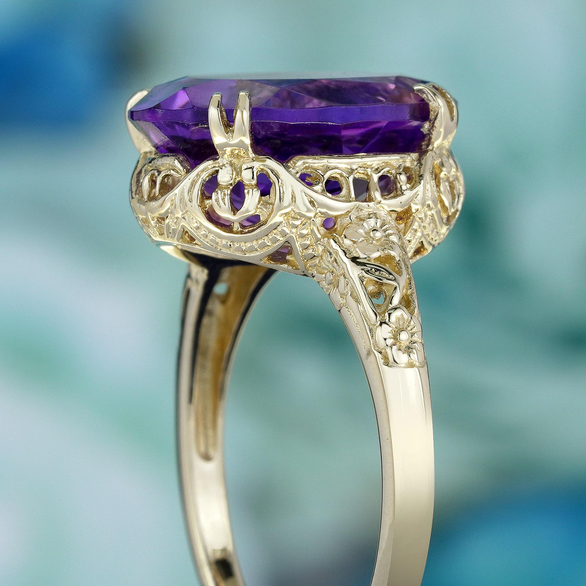 Women's Natural Amethyst Vintage Style Filigree Ring in Solid 9K Yellow Gold For Sale